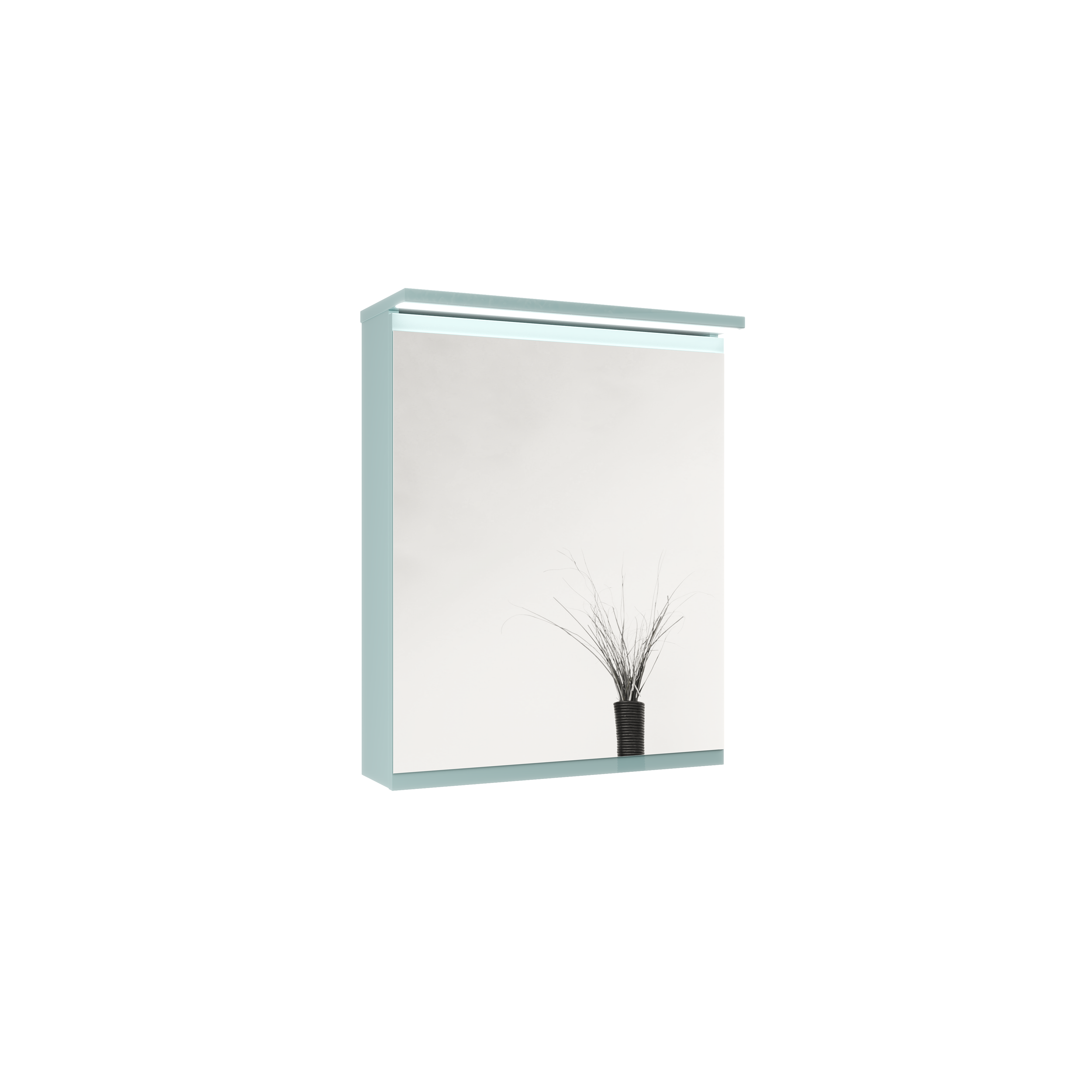 Un miroir mural avec une décoration minimaliste d'une vase noire avec des branches sèches dans une pièce moderne.