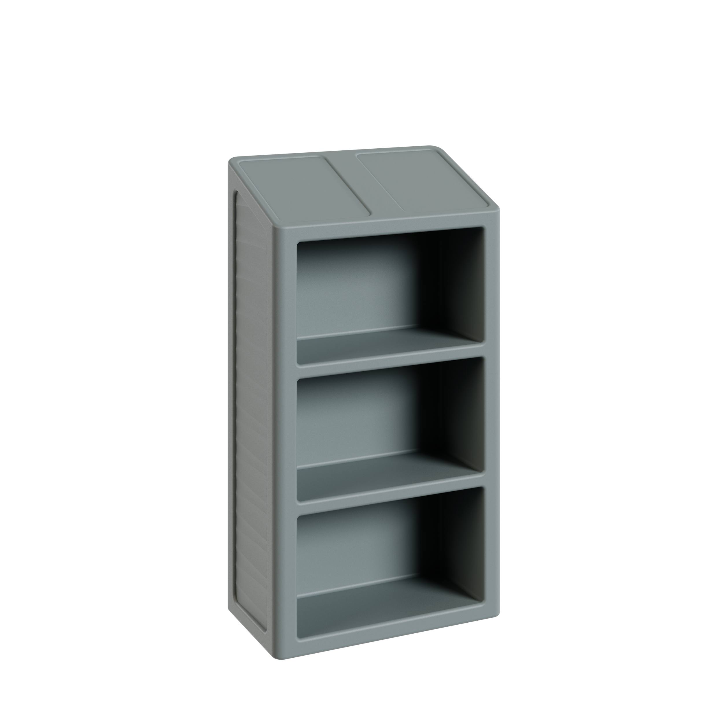 Une étagère grise en plastique avec trois compartiments ouverts, positionnée contre un fond noir.