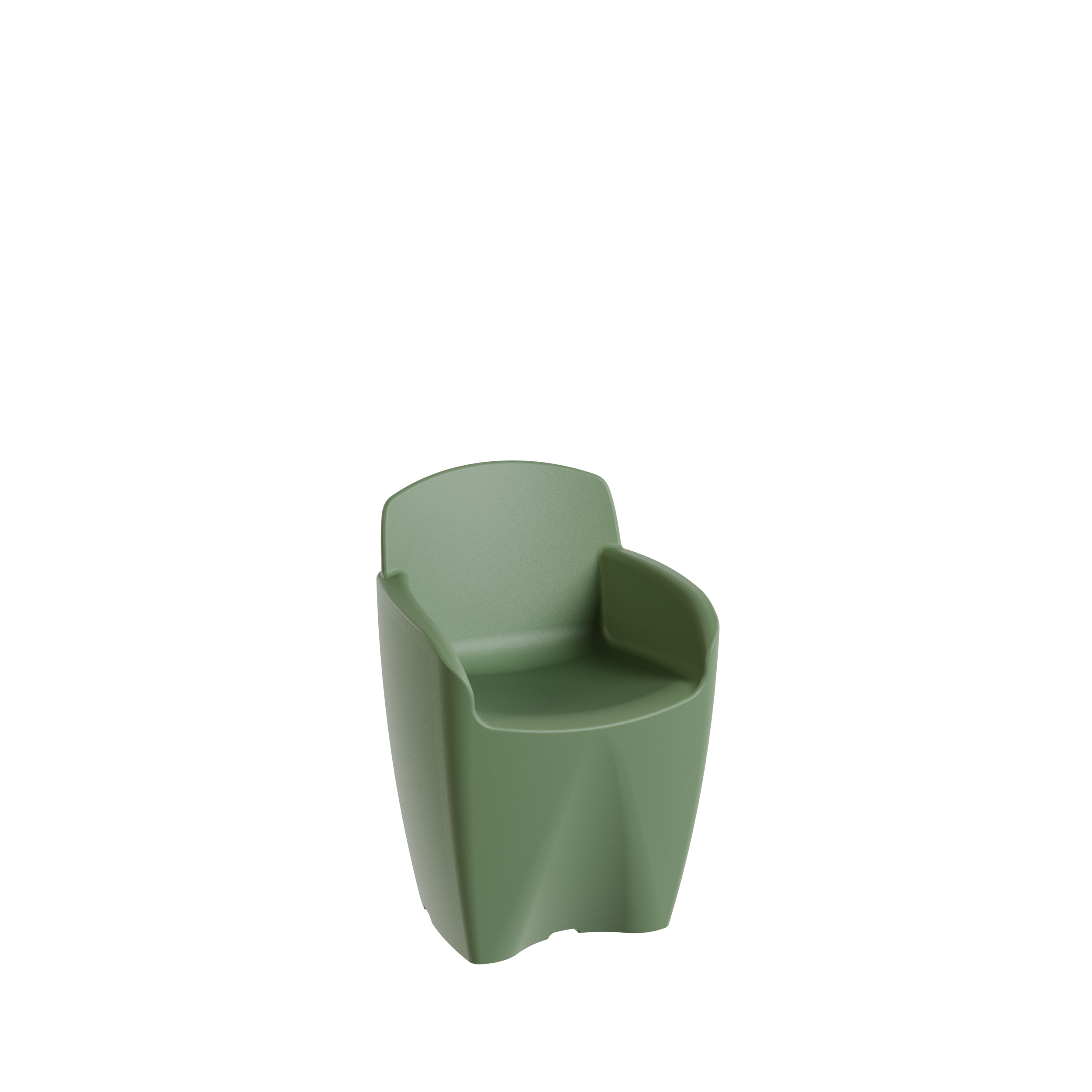 Packshot 3D, Visuel 3D, CGI , E- commerce Une chaise de couleur vert pastel avec un dossier et des bras, vue de face, devant un fond noir.