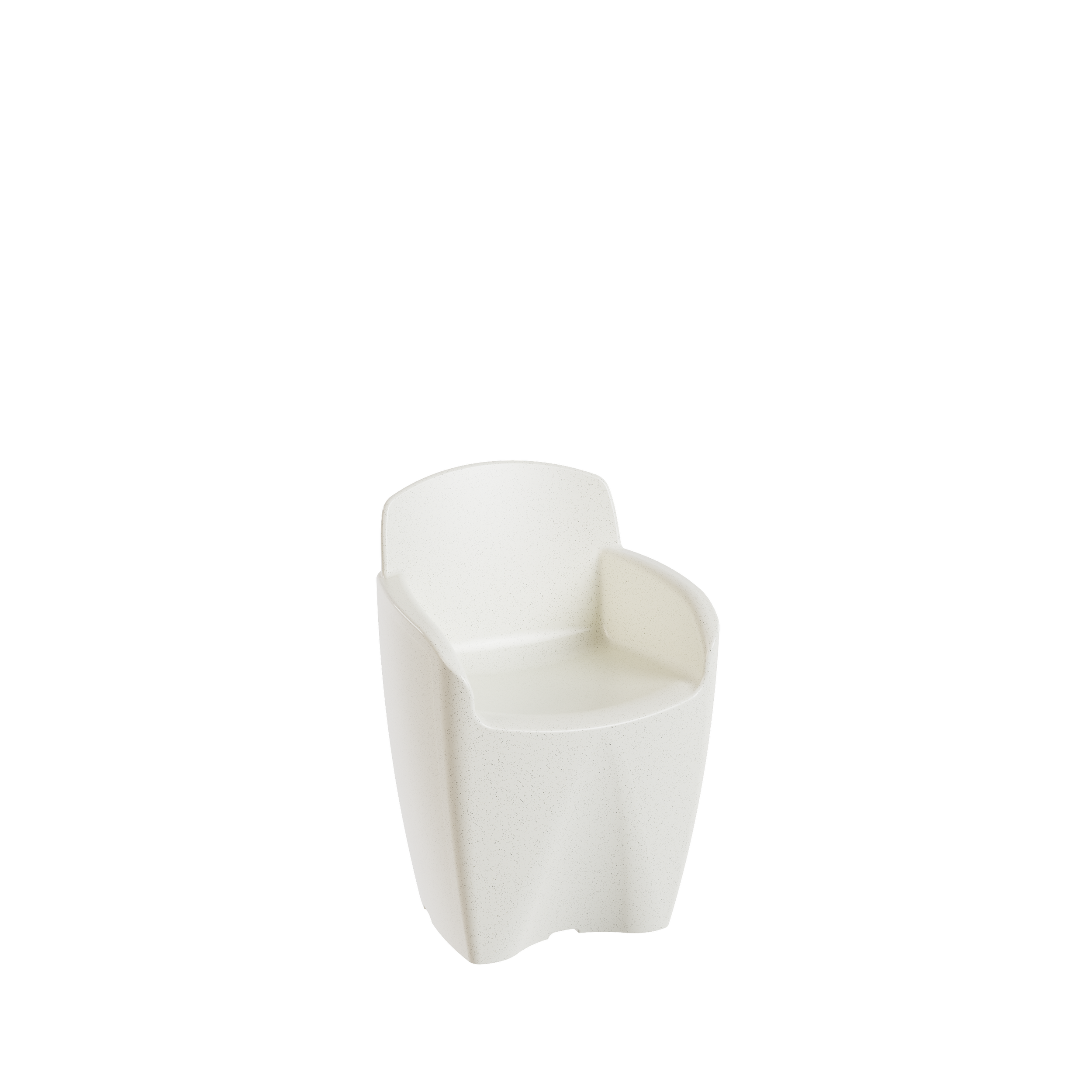 Packshot 3D, Visuel 3D, CGI , E- commerce Une petite chaise en plastique blanche avec des bras et un dossier.