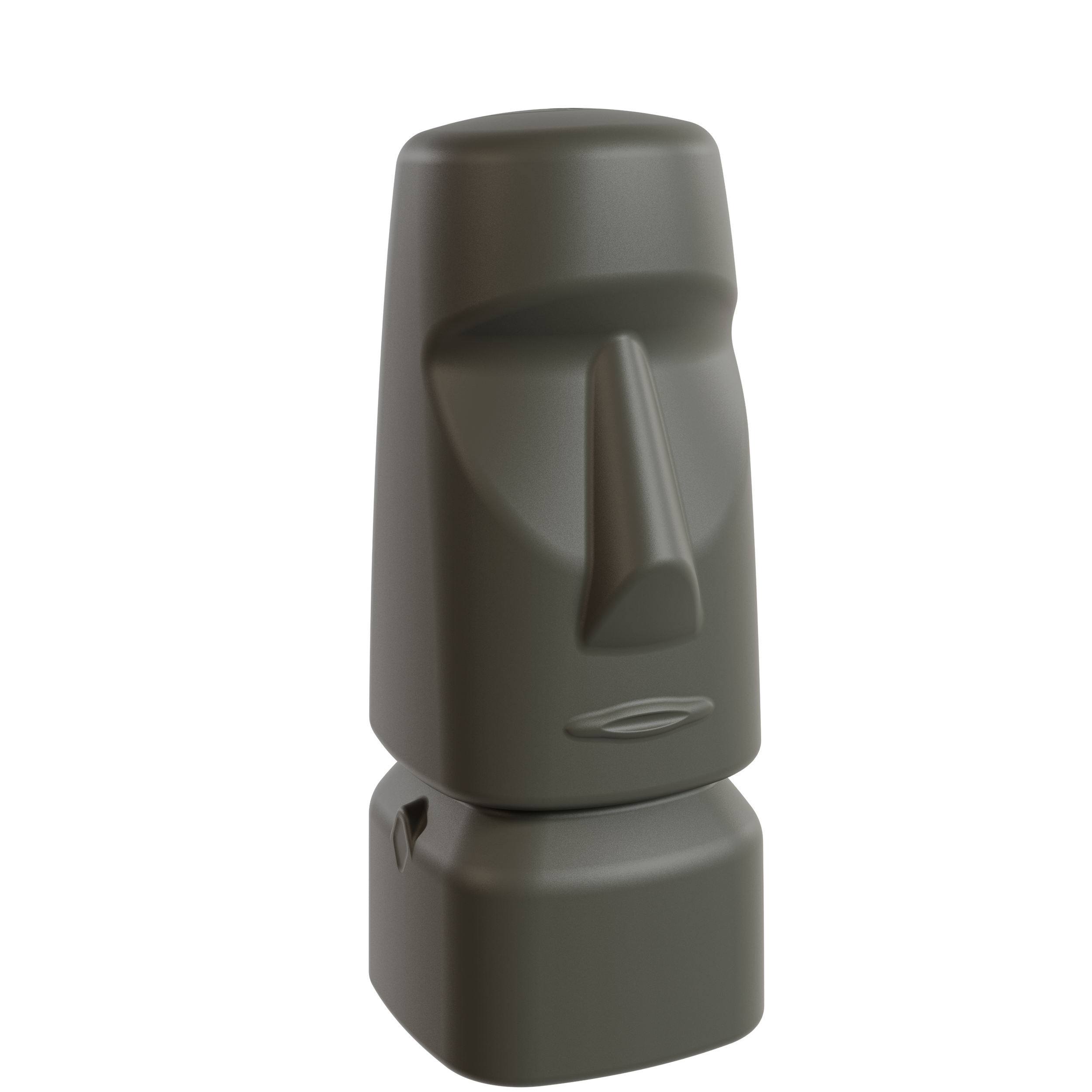 Statue en forme de visage, ressemblant à un personnage de style artistique indigène ou tribal, de couleur gris foncé Packshot 3D, Visuel 3D, CGI , E- commerce Haut de france, St-Omer, Lille, Paris, Cote d'Opale, Dunkerque, Arras