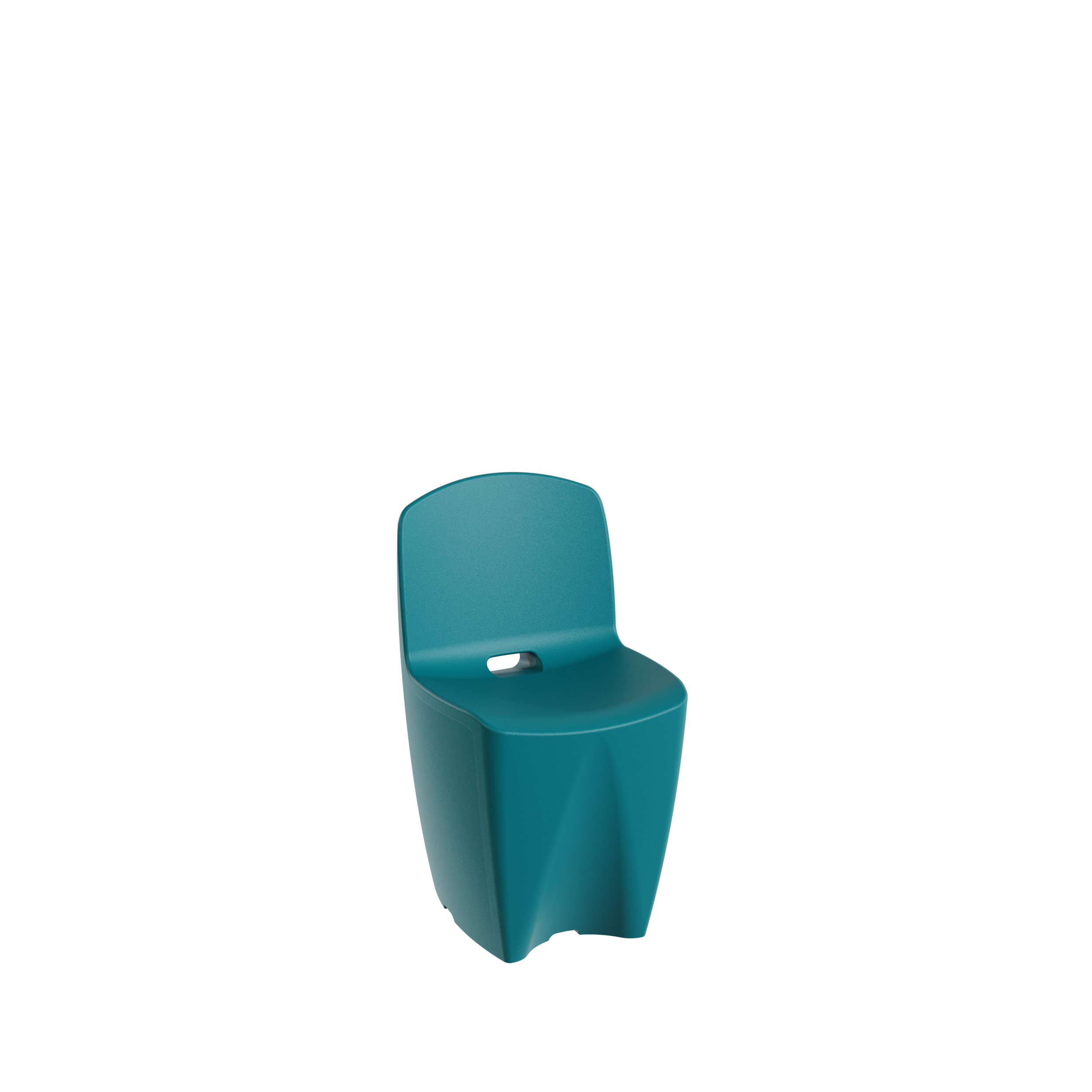 Une chaise de couleur bleue placée sur un sol noir, accompagnée d'une traînée rouge derrière elle.