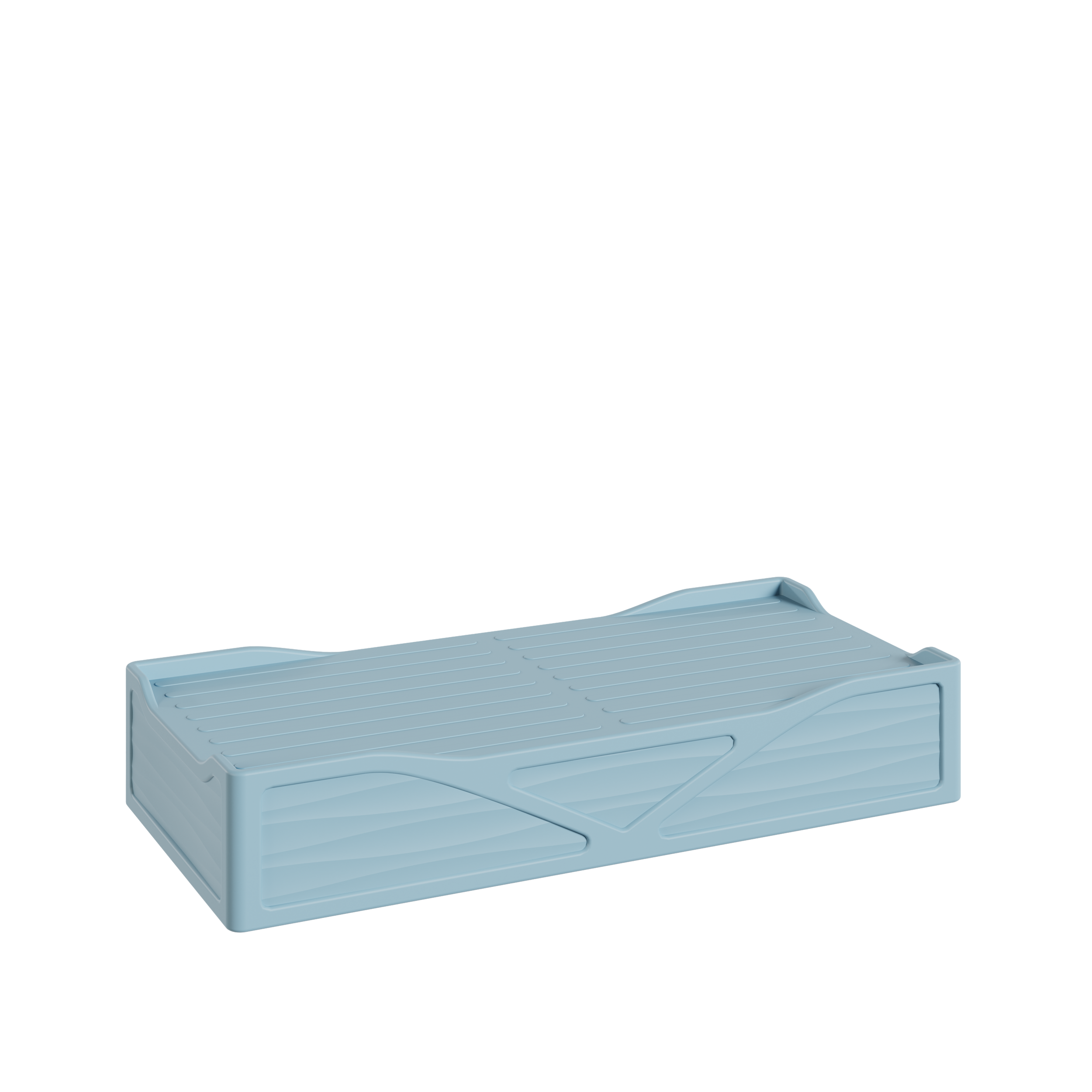 Une planche à découper en plastique bleue avec des rainures et des zones de coupe