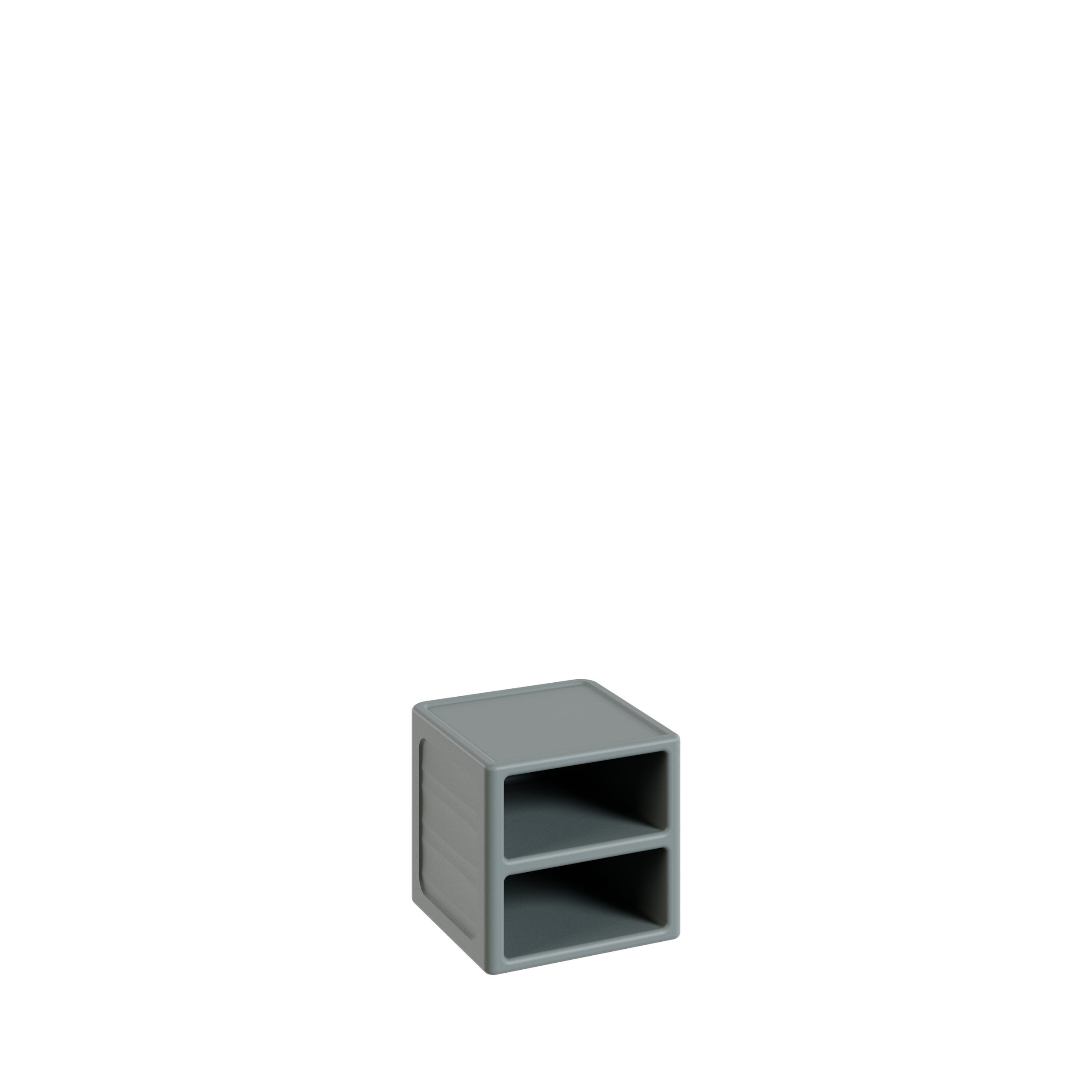 Photo d'une grande pièce de brique grise avec une étagère en forme de carré au premier plan. L'étagère a deux compartiments ouverts.