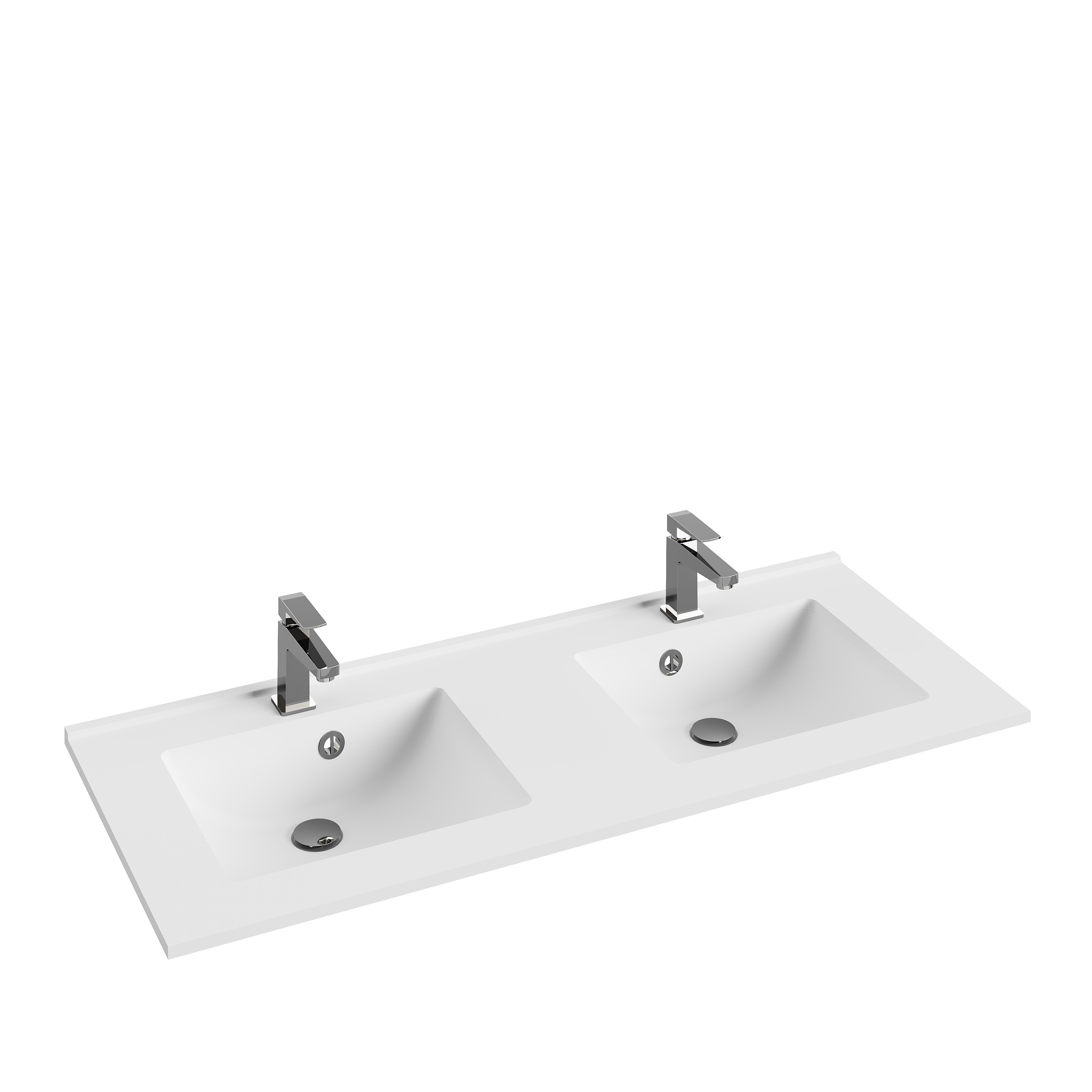 Double lavabo blanc avec deux robinets en métal argenté, vue de dessus.