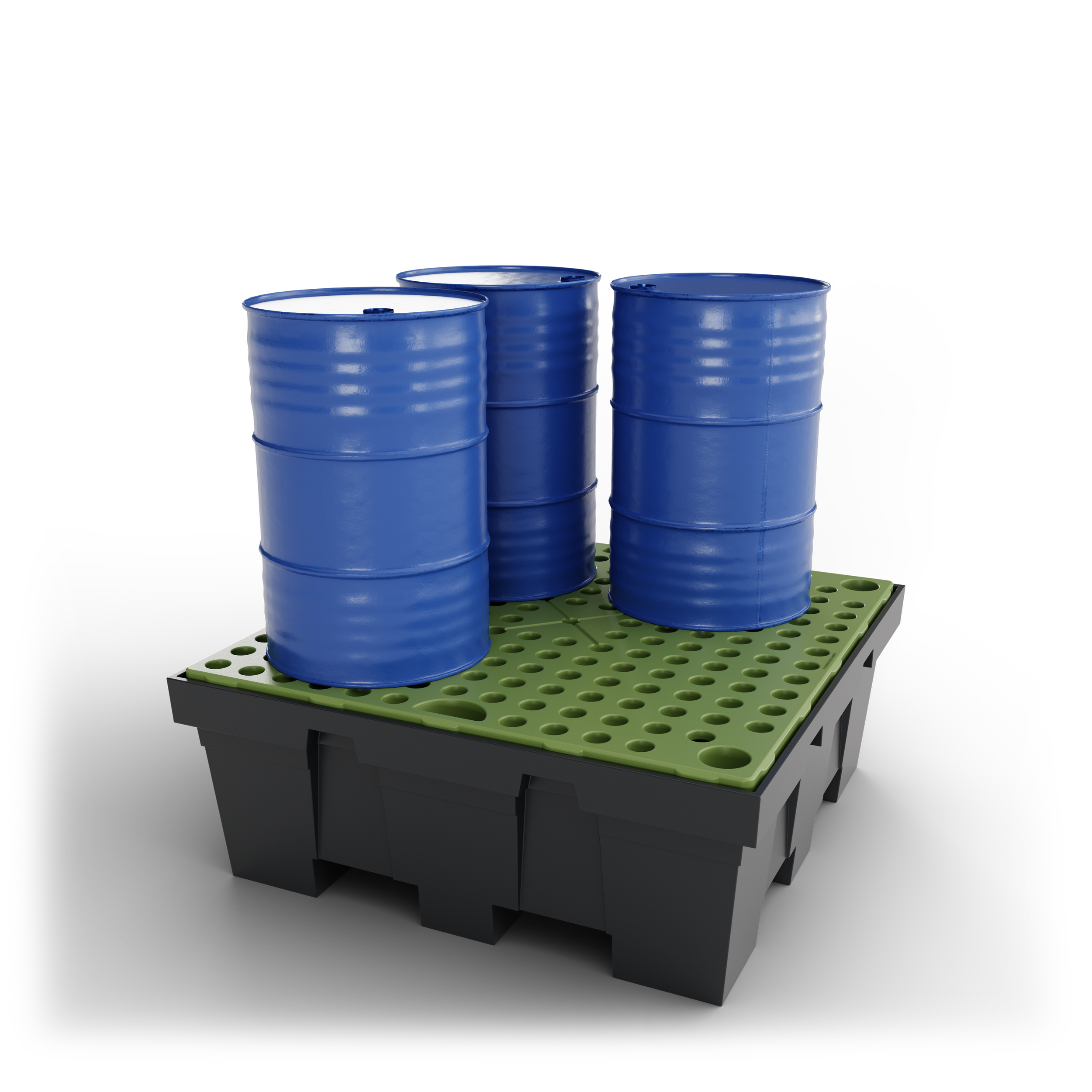 Quatre barils bleus sur une palette avec un tapis perforé vert, fond noir. Packshot 3D, Visuel 3D, CGI , E- commerce Haut de france, St-Omer, Lille, Paris, Cote d'Opale, Dunkerque, Arras