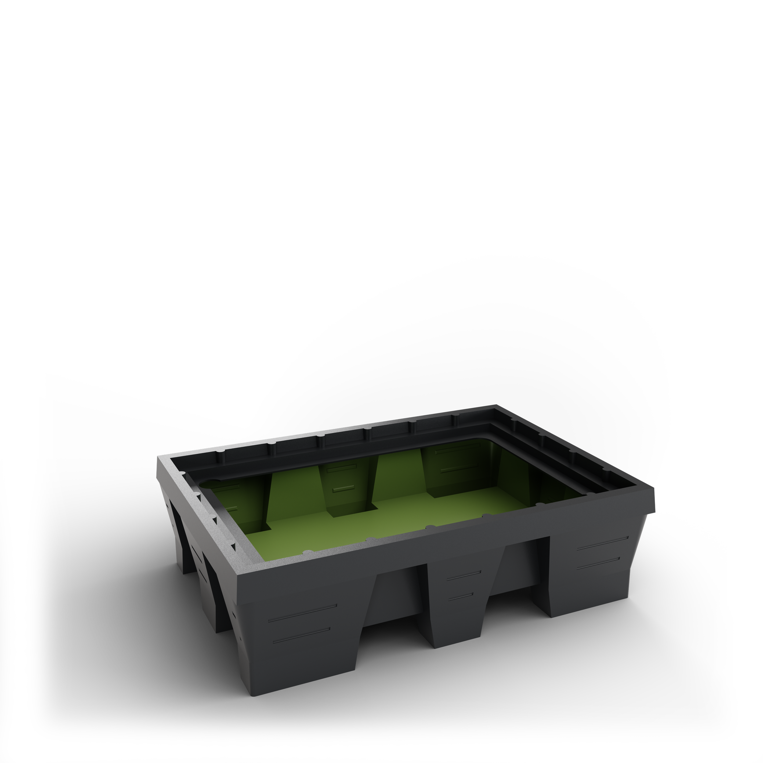 Une base en plastique gris avec un intérieur vert, utilisée pour une collection ou un stockage Packshot 3D, Visuel 3D, CGI , E- commerce Haut de france, St-Omer, Lille, Paris, Cote d'Opale, Dunkerque, Arras