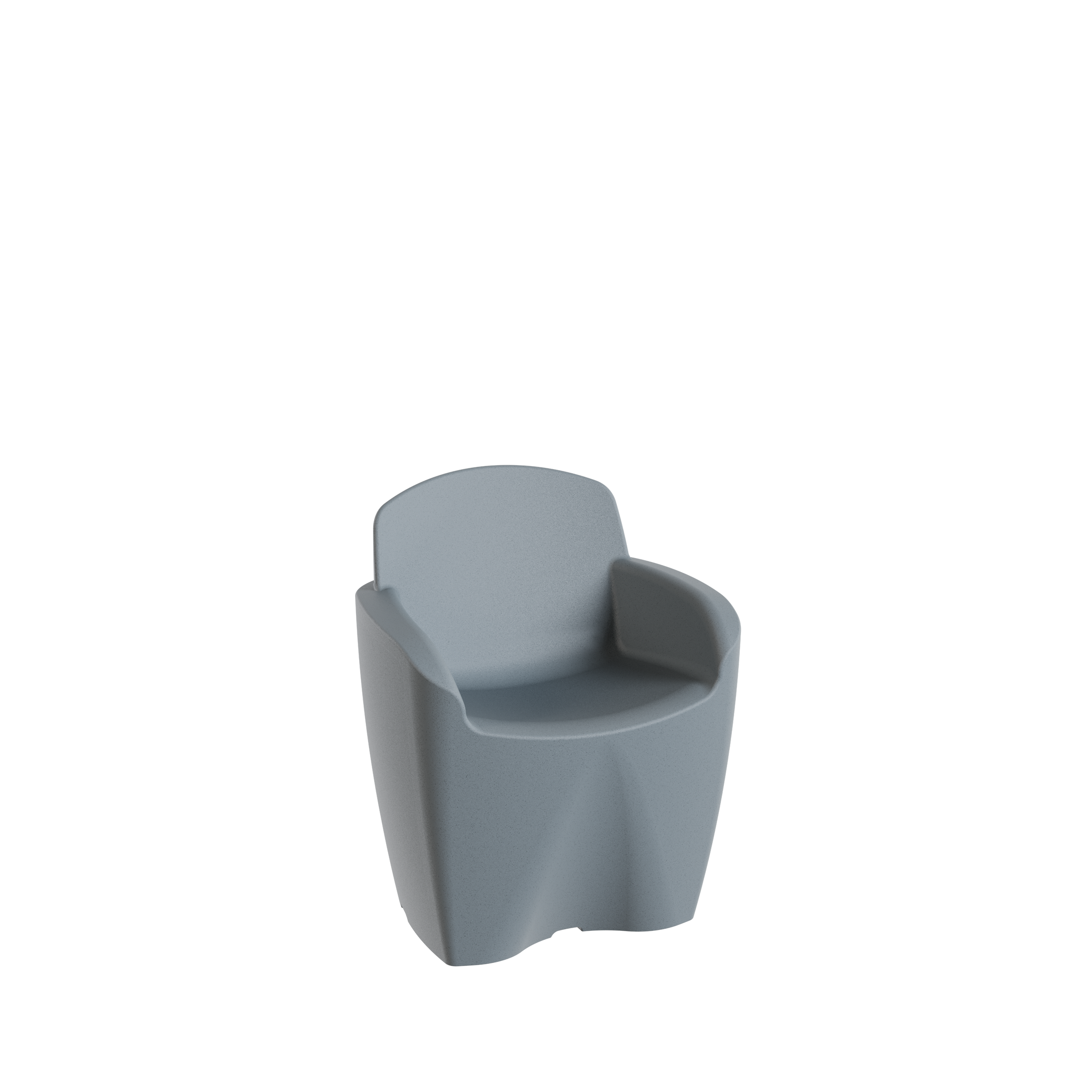 Chaise design gris clair avec accoudoirs arrondis et dos arrondi, vue de face.