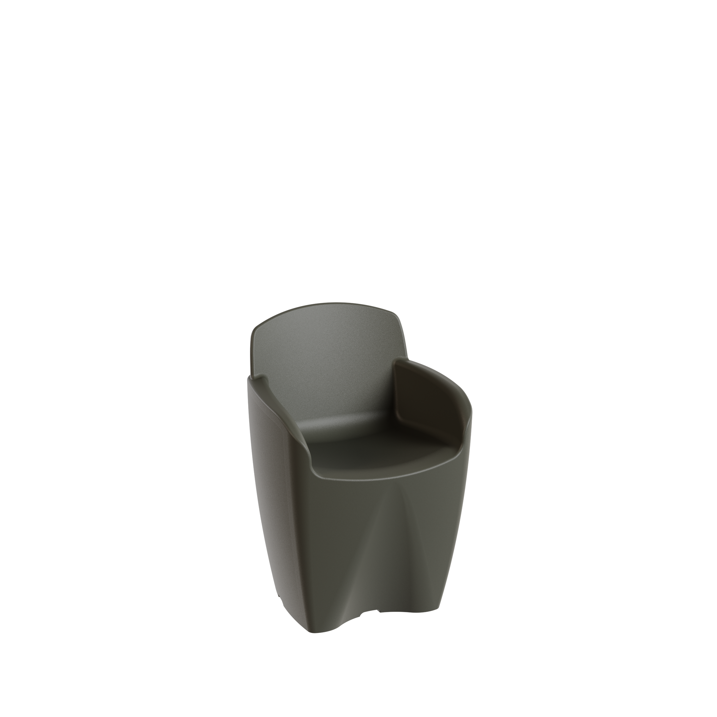 Packshot 3D, Visuel 3D, CGI , E- commerce Fauteuil moderne gris avec bras incurvés, en plastique ou en tissu, vue de face,Style contemporain, meuble d'intérieur.