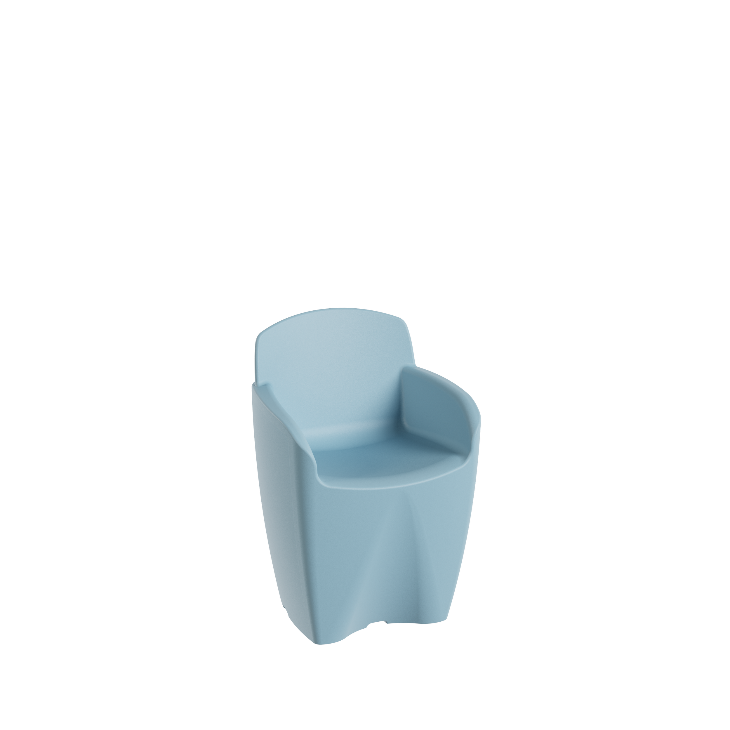 Un fauteuil en plastique de couleur bleue, vu de face sur un fond noir.