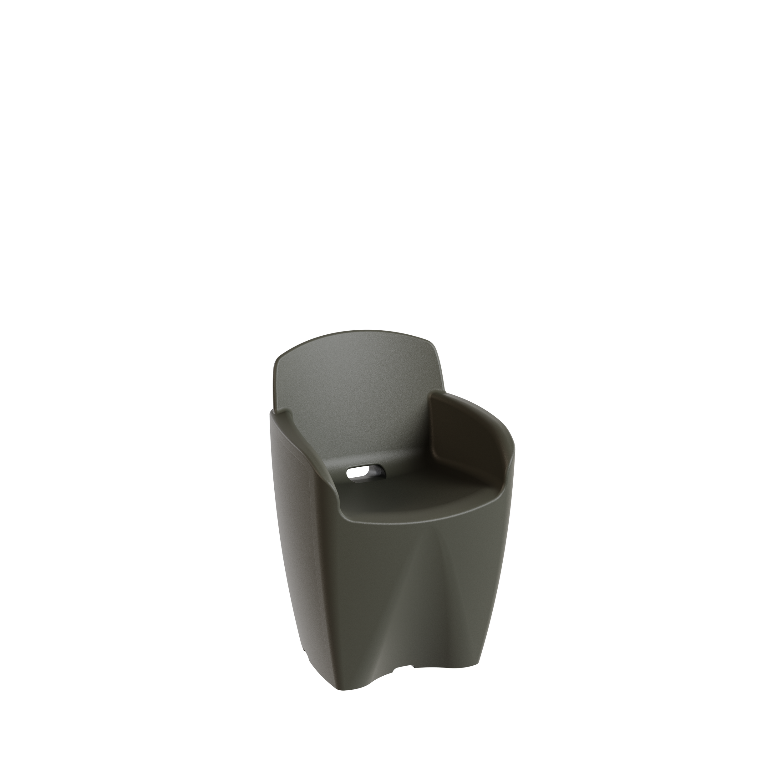 Packshot 3D, Visuel 3D, CGI , E- commerce Une chaise de bureau en plastique gris clair avec un support intégré pour shaver ou autres objets.