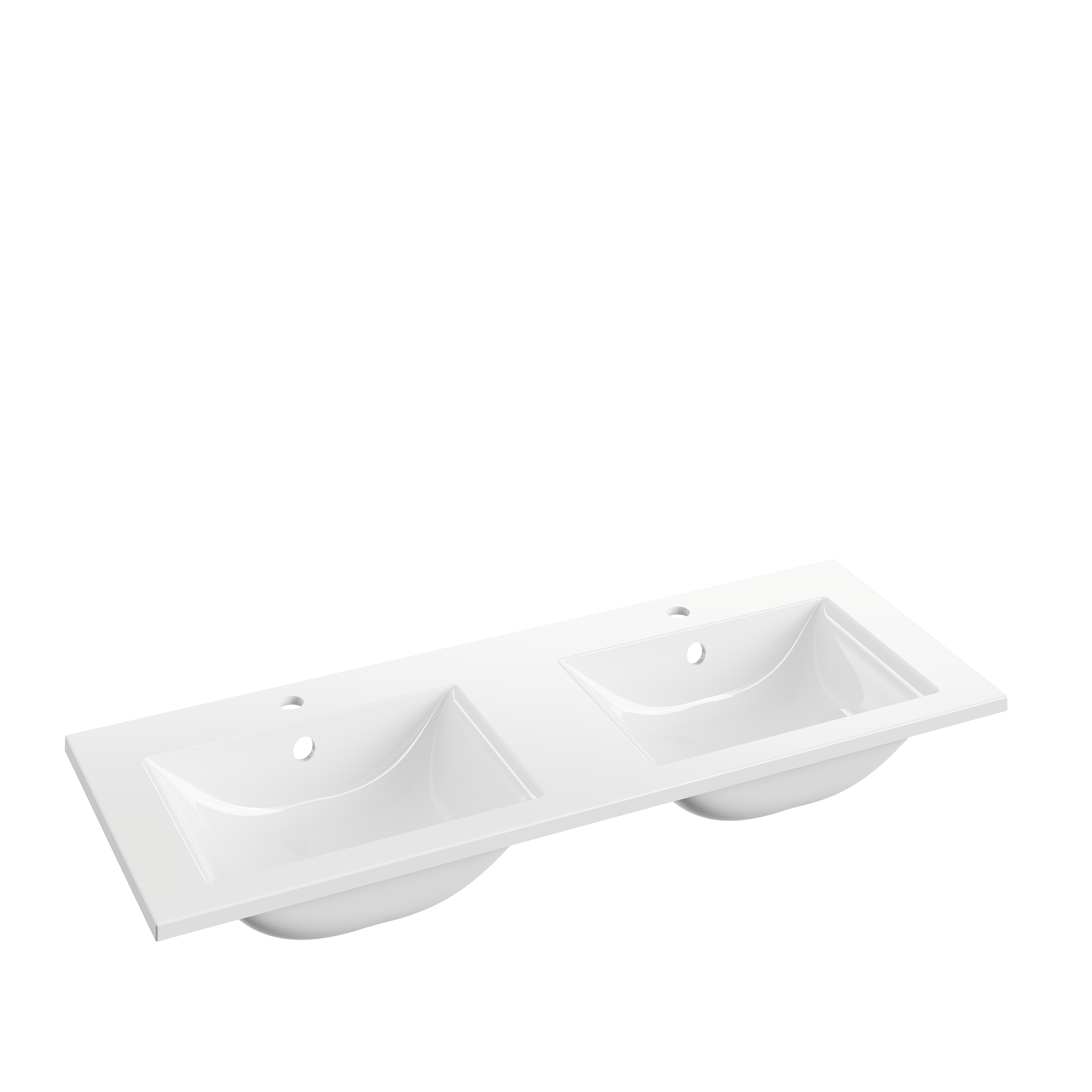 Lavabo double blanc avec deux vasques intégrées, posé sur un support blanc, vu de dessus.