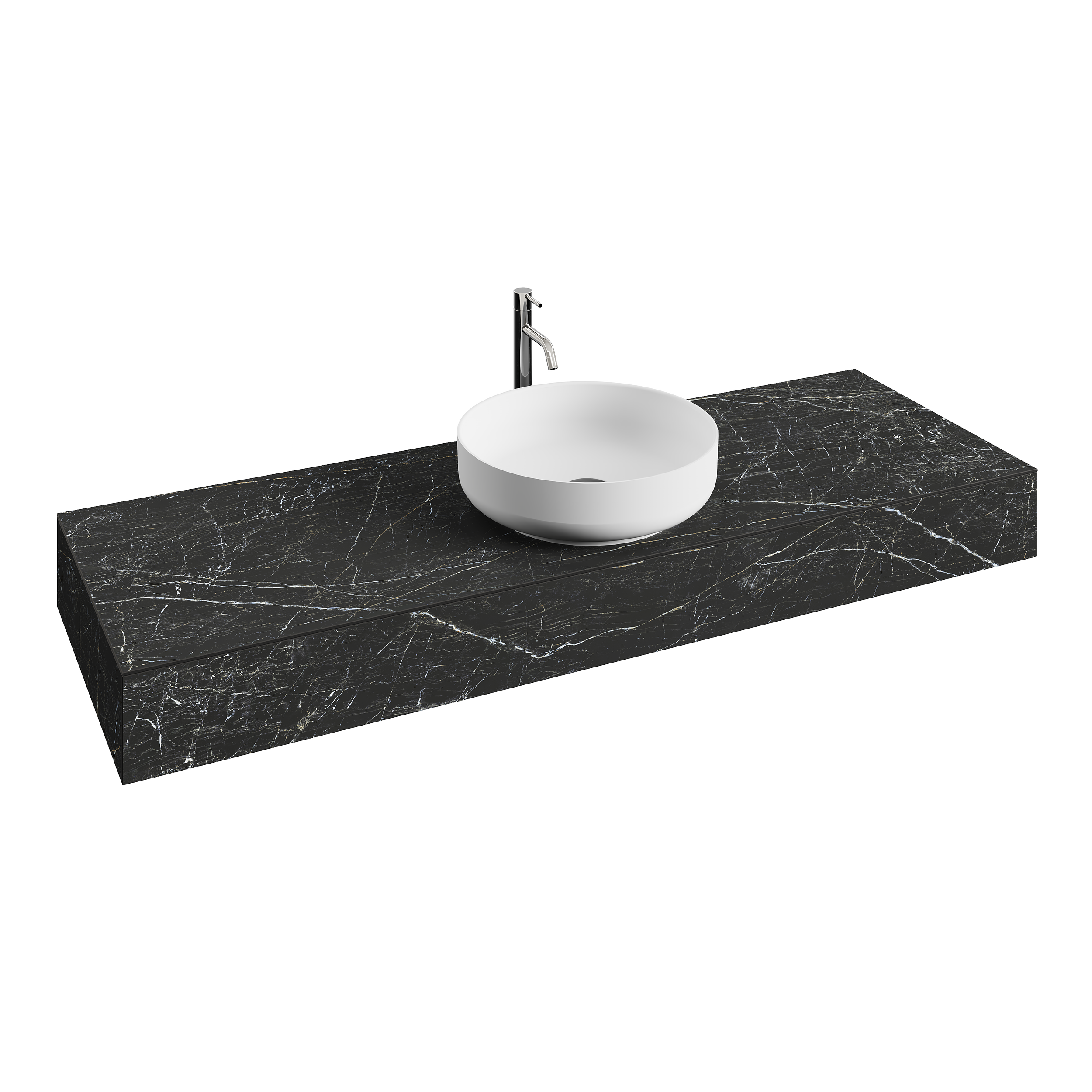 Lavabo blanc rond sur comptoir en marbre noir.