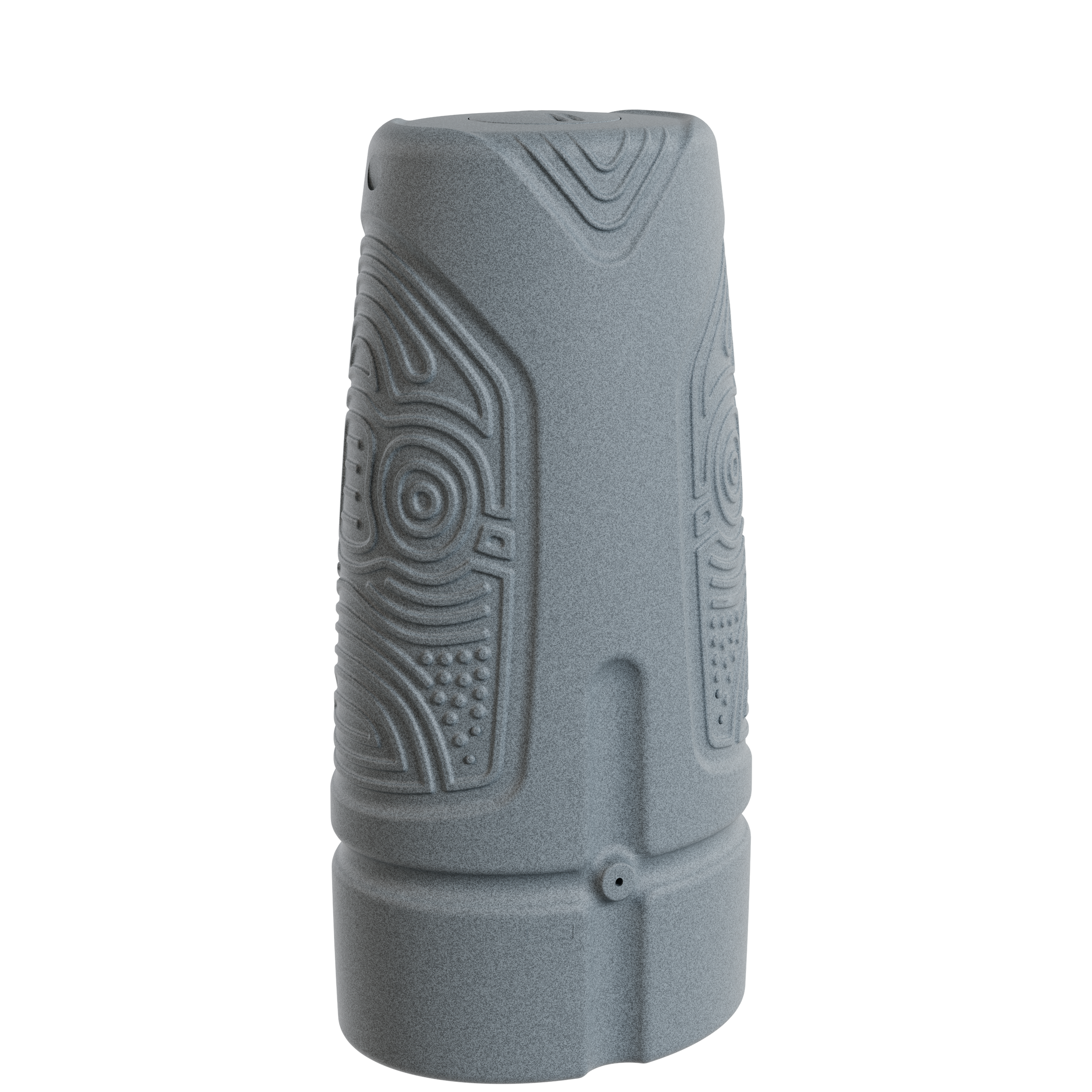 Un réservoir d'eau gris avec des motifs abstraits gravés en relief, positionné verticalement Packshot 3D, Visuel 3D, CGI , E- commerce Haut de france, St-Omer, Lille, Paris, Cote d'Opale, Dunkerque, Arras