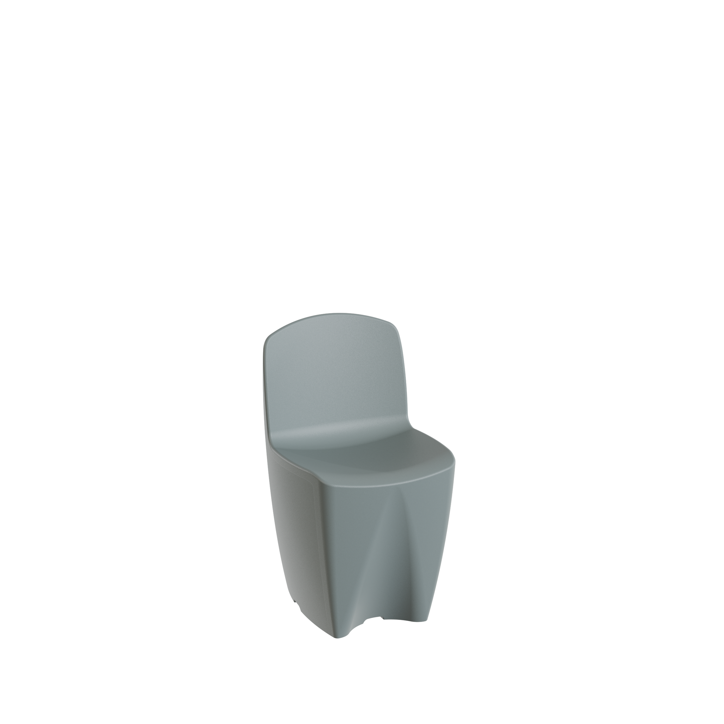 Une chaise moderne gris clair avec un dossier incurvé, en plastique ou en métal, placée dans un espace noir.