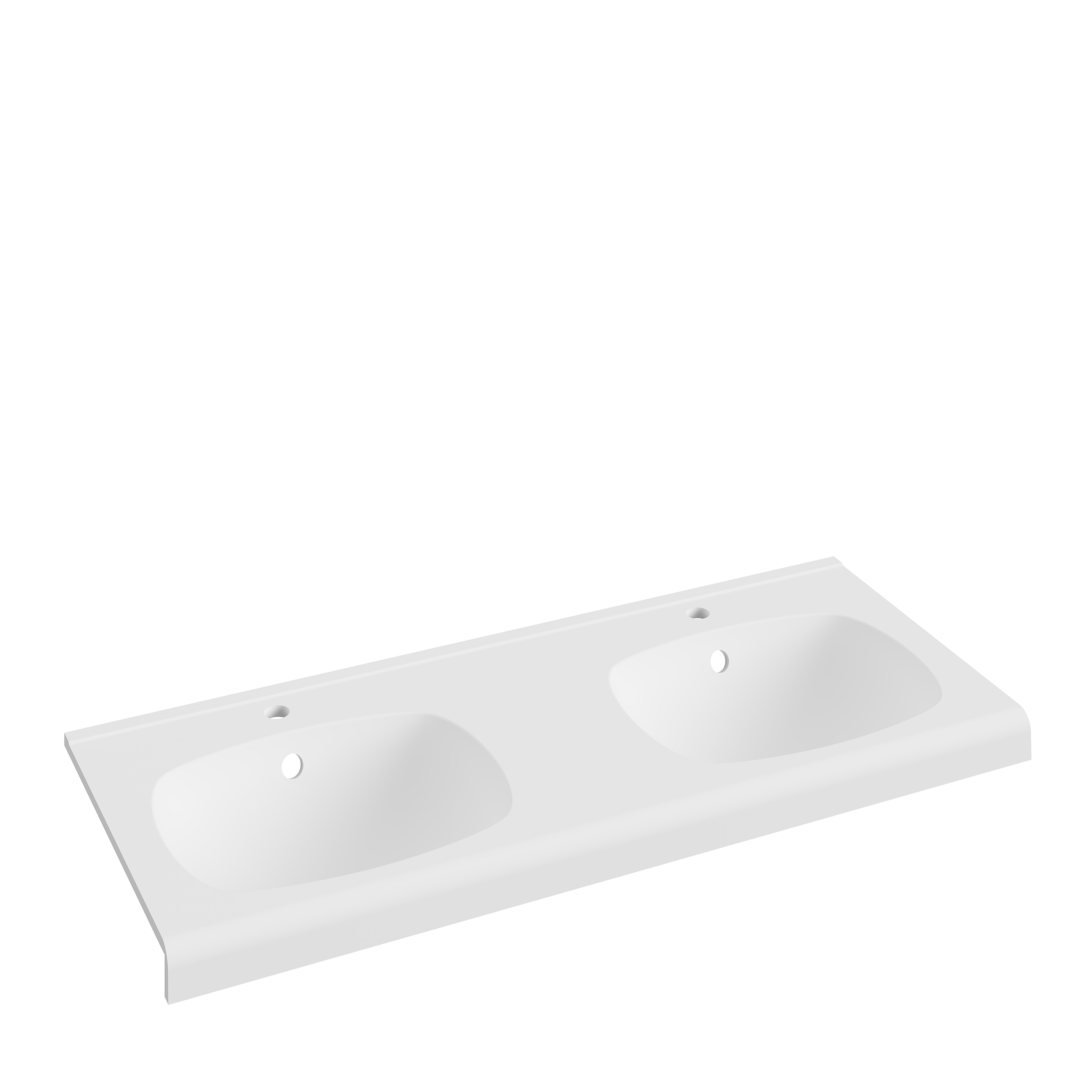 Un lavabo double blanc en céramique avec deux évacuations, vu d'angle sur fond blanc