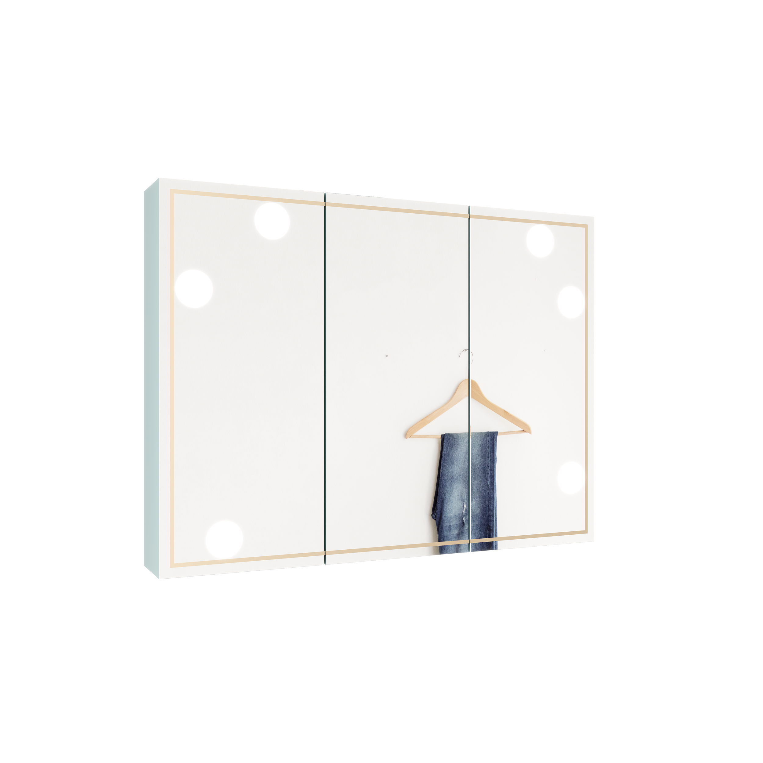 Miroir avec éclairage et une penderie avec un cintre et un pantalon en denim