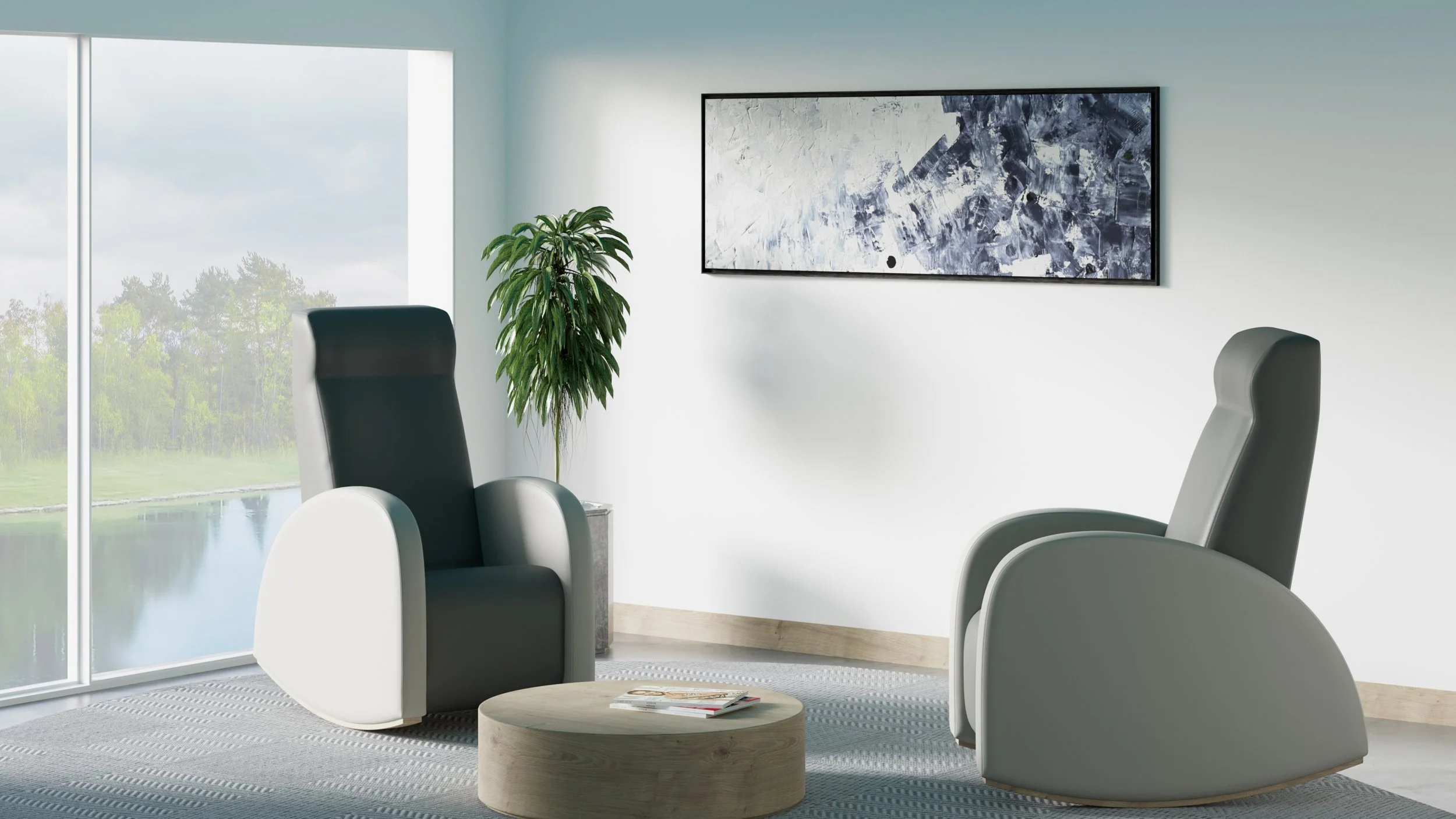 Salle de consultation moderne avec deux fauteuils confortables, une plante verte, une œuvre d'art abstraite sur le mur, une grande fenêtre laissant entrer la lumière naturelle, et une table basse avec des magazines.