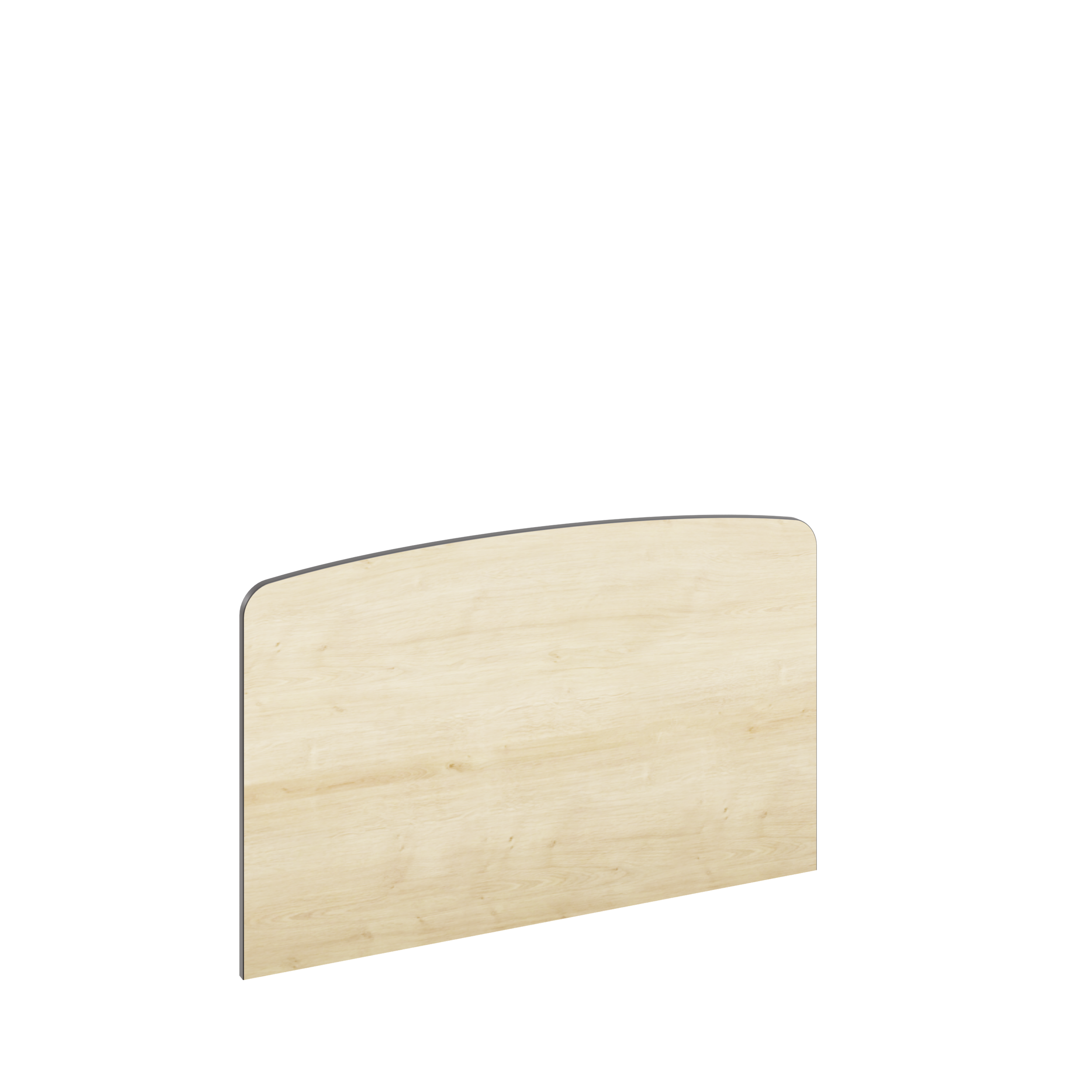 Une cloison ou un panneau de séparation en bois clair avec des bords arrondis, porté par deux supports noirs.