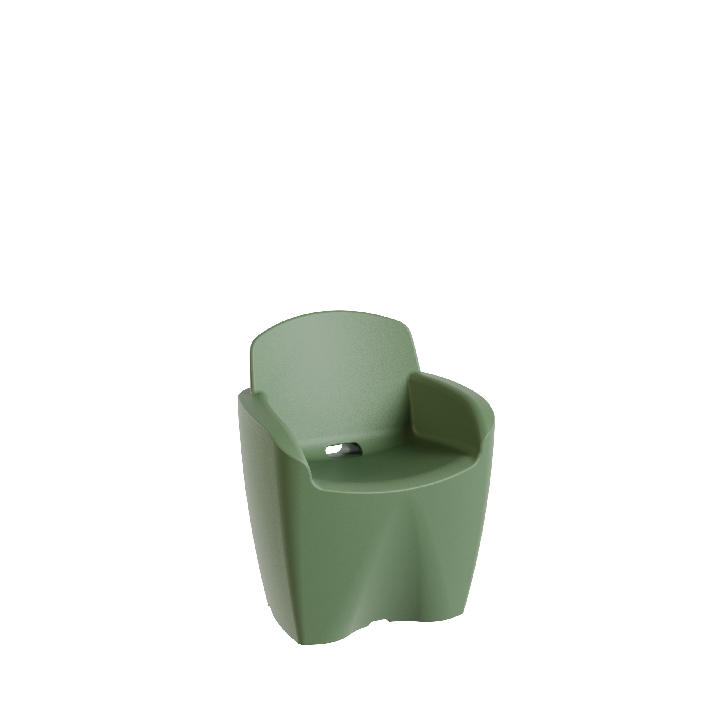 Fauteuil d'enfant vert avec bras pliables contre fond noir.