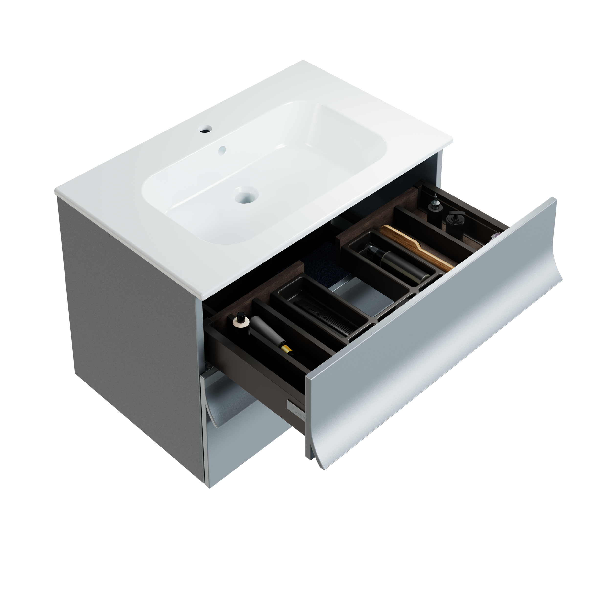 Meuble de salle de bain avec un lavabo blanc et un tiroir ouvert contenant divers articles de toilette noir et en bois.