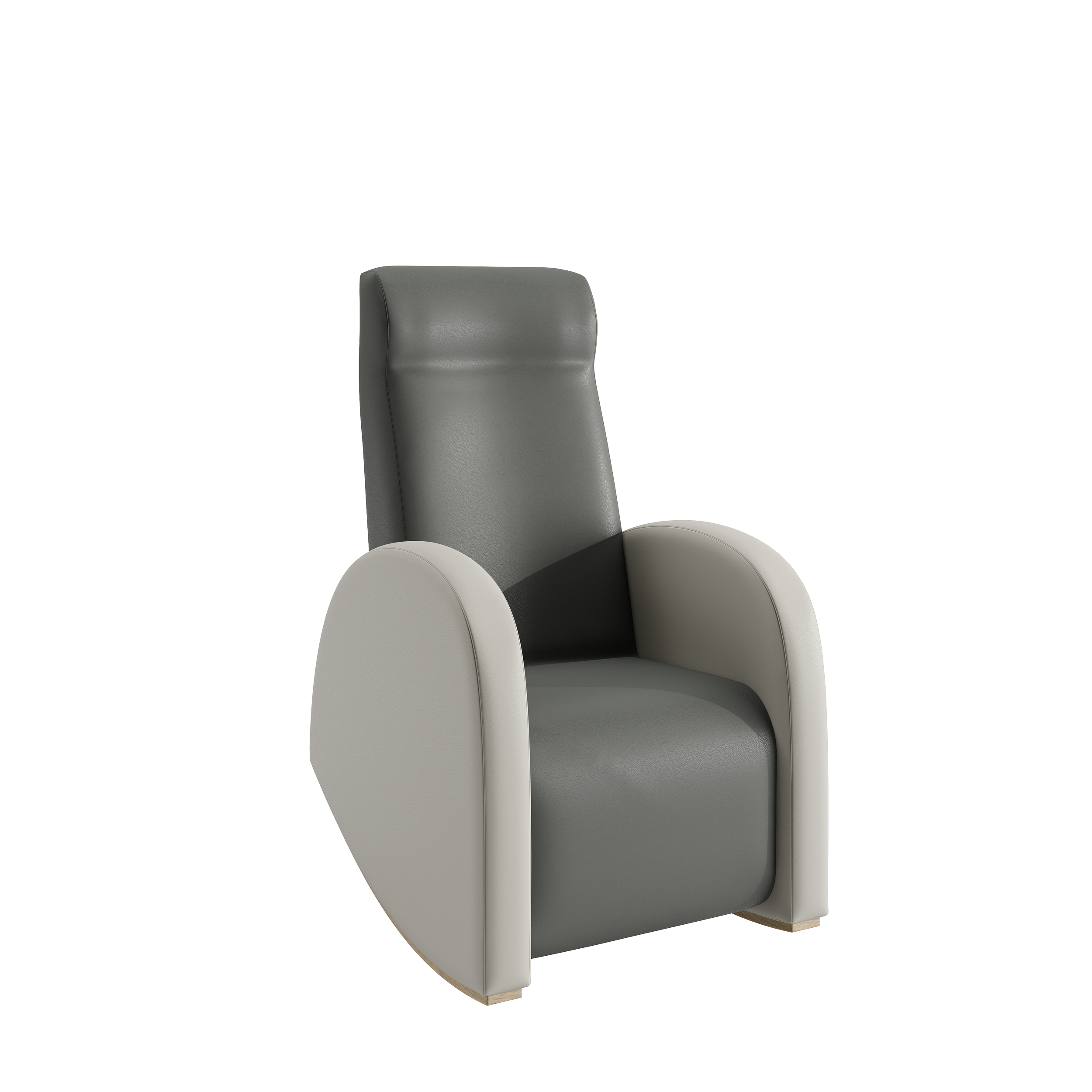 Fauteuil de relaxation gris avec accoudoirs blancs, en cuir.