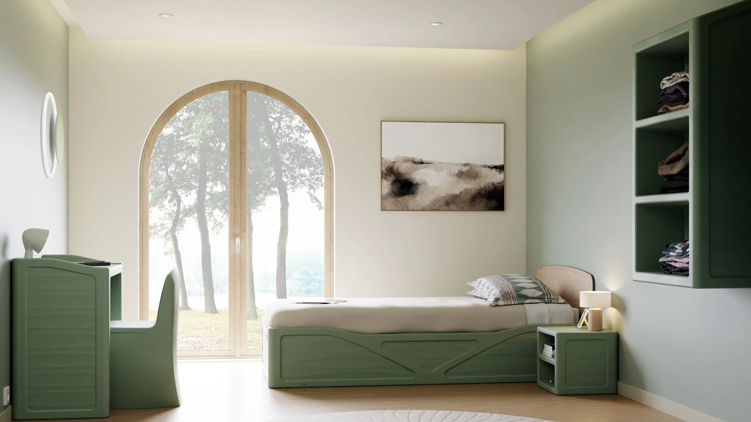 Chambre avec lit, bureau, étagère à vêtements, grande fenêtre en forme d'arc et décoration minimaliste.