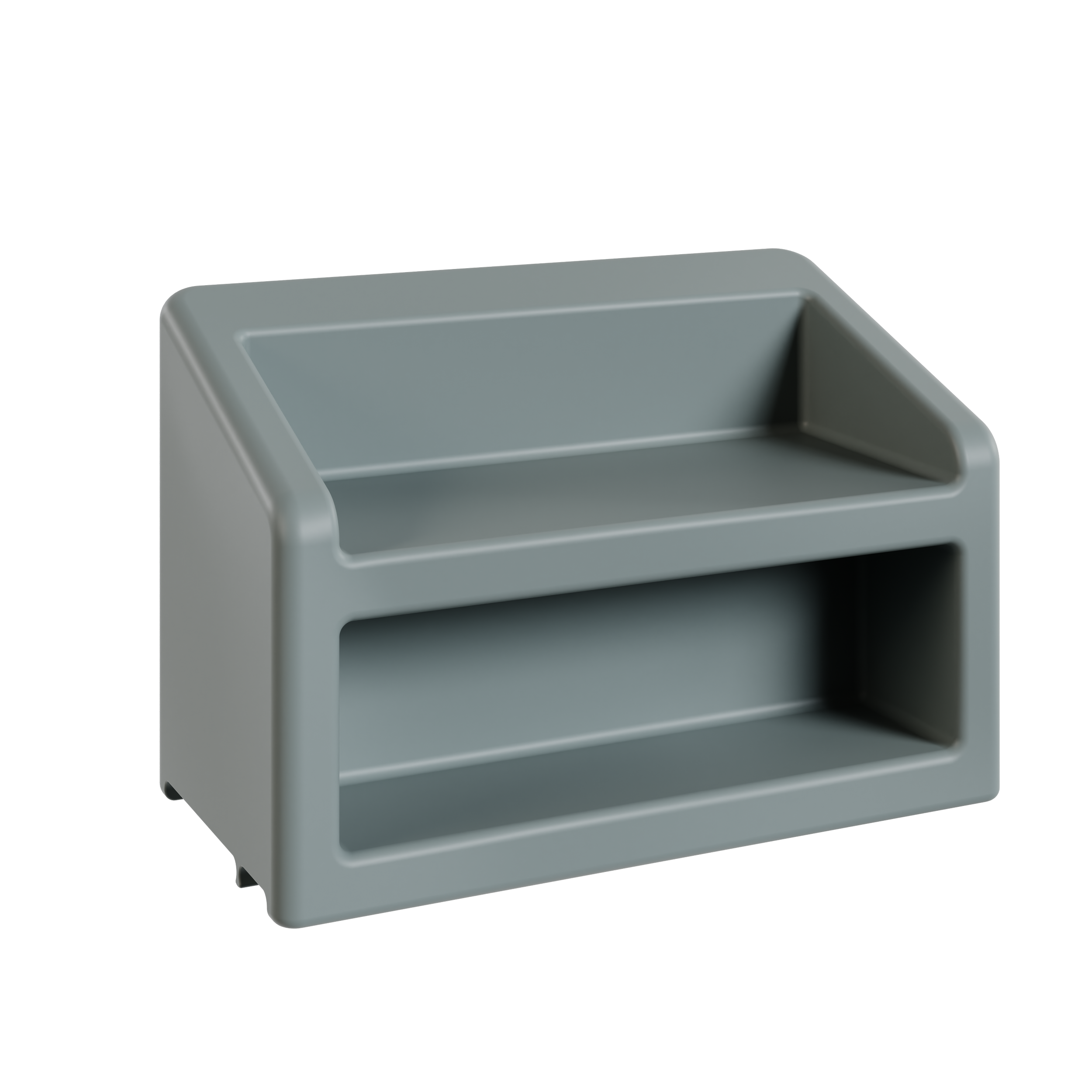 Une étagère grise en plastique avec deux niveaux, conçue pour le rangement ou l'organisation.