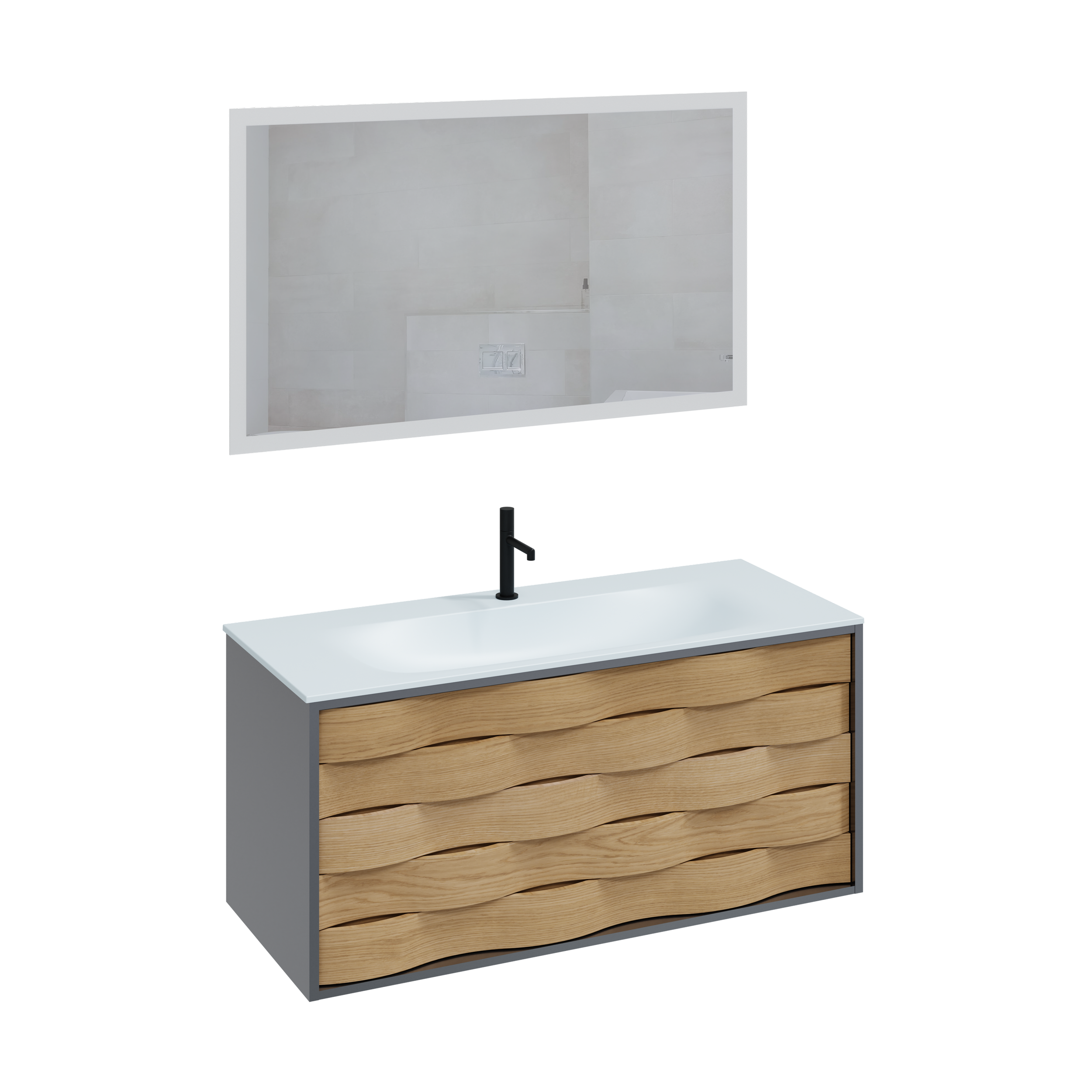 Vue de devant d'une salle de bain avec meuble-lavabo en bois et miroir au mur.