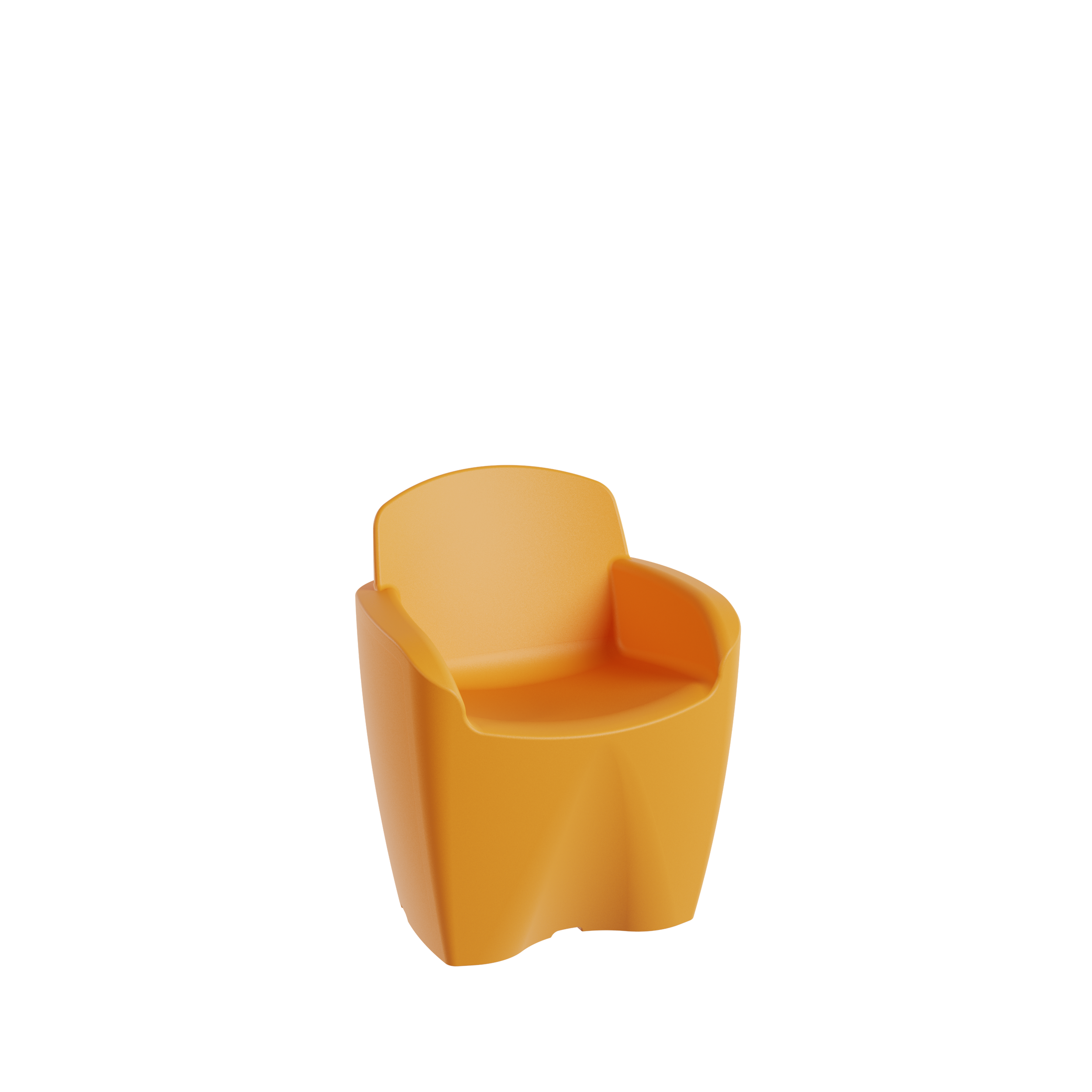 Une petite chaise de couleur jaune en plastique, vue de face, sur fond noir.