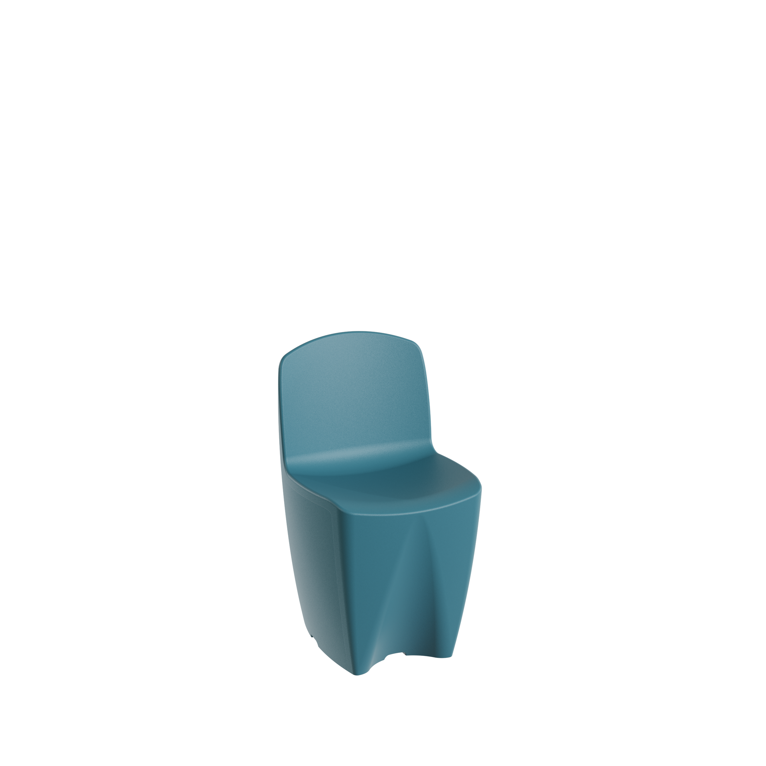 Chaise moderne bleue avec un design ergonomique, vue de face sur fond noir.