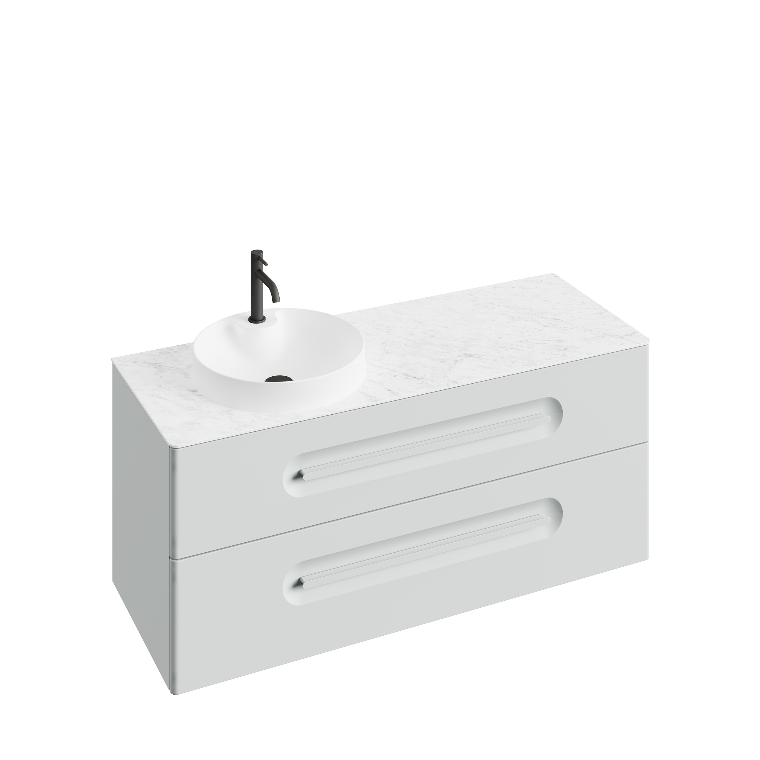 Meuble blanc avec un évier rond blanc et un robinet noir sur un plan en marbre blanc.