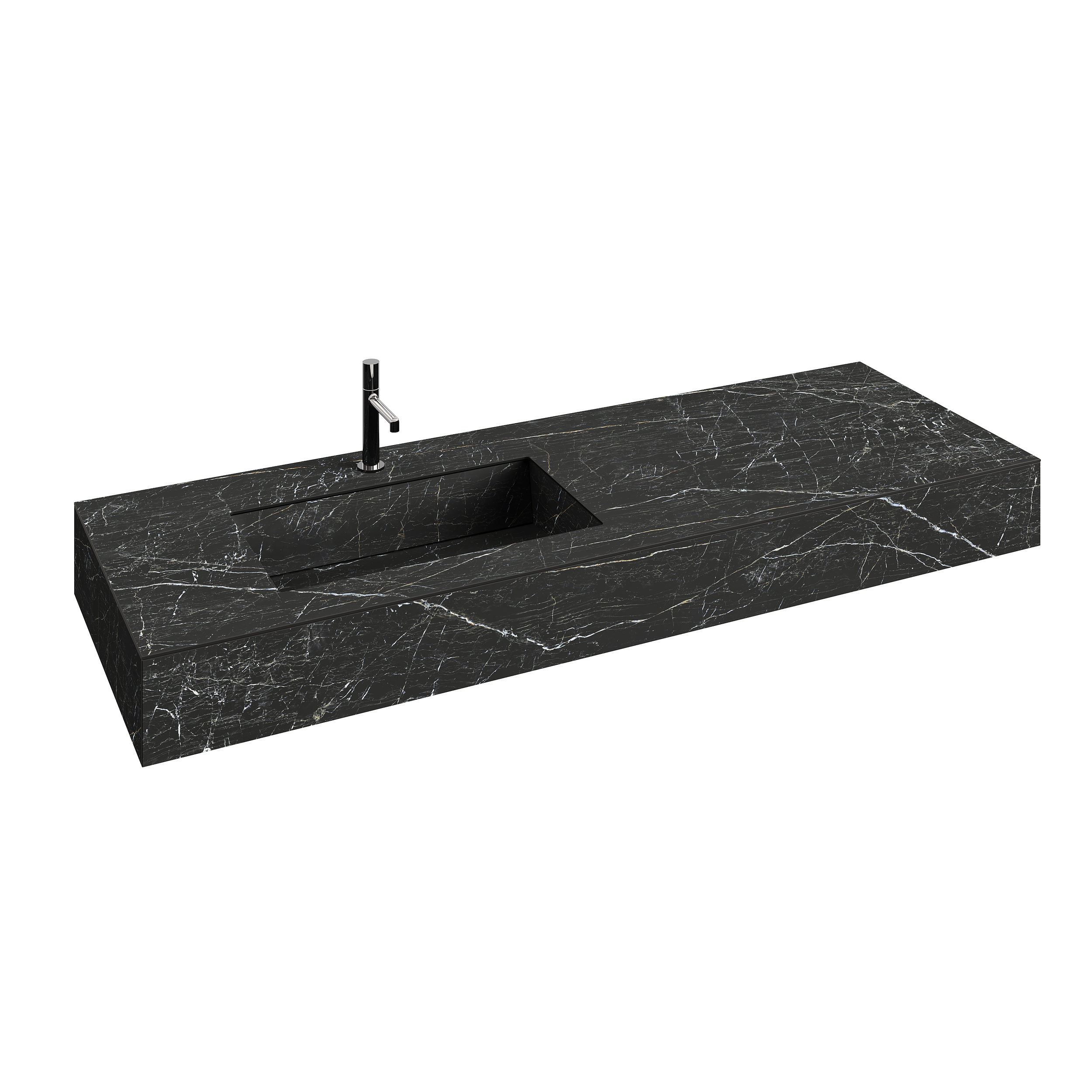 Lavabo en marbre noir avec robinet, posé sur un plan en marbre noir à veines blanches.
