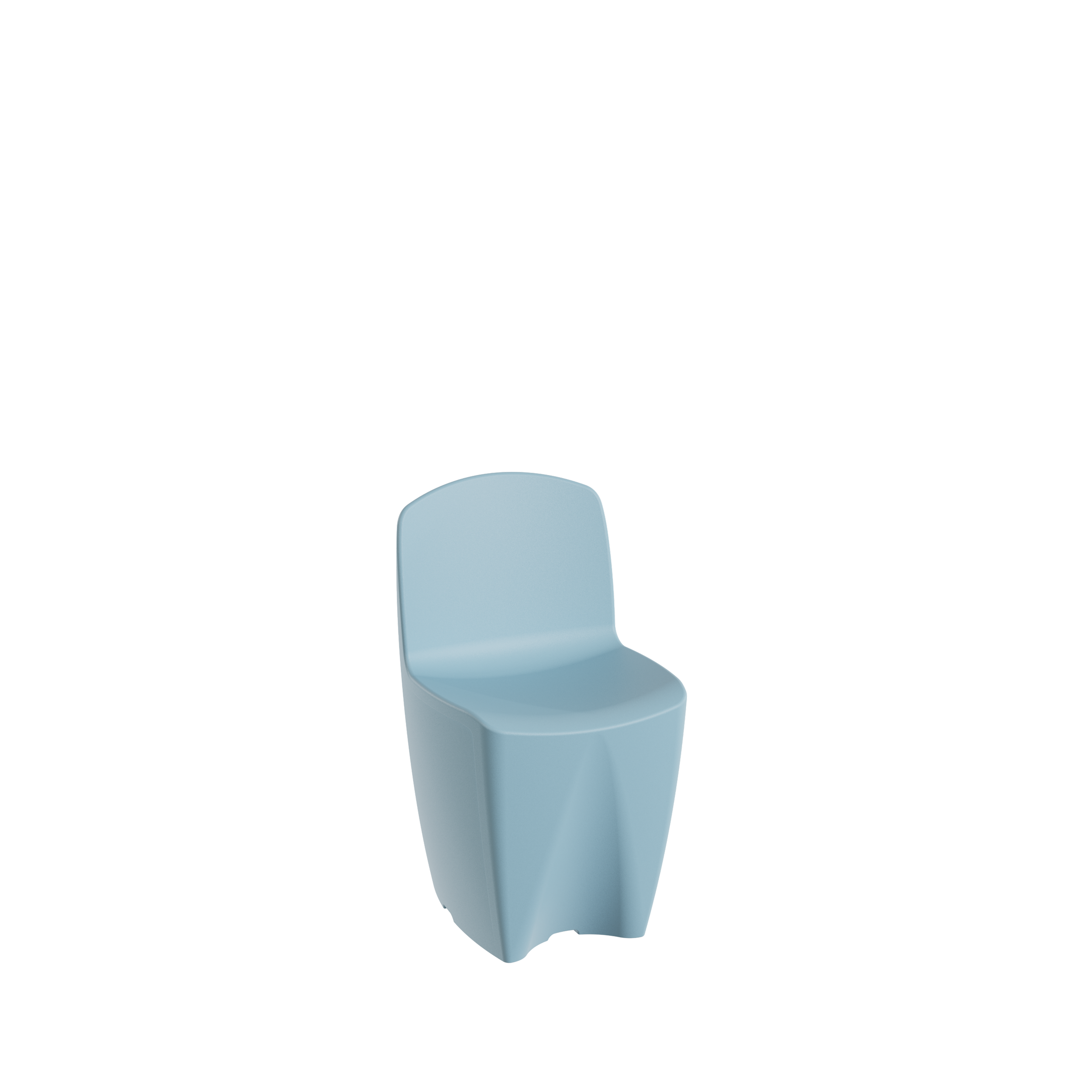 Packshot 3D, Visuel 3D, CGI , E- commerce Une chaise bleue en plastique sur fond noir.