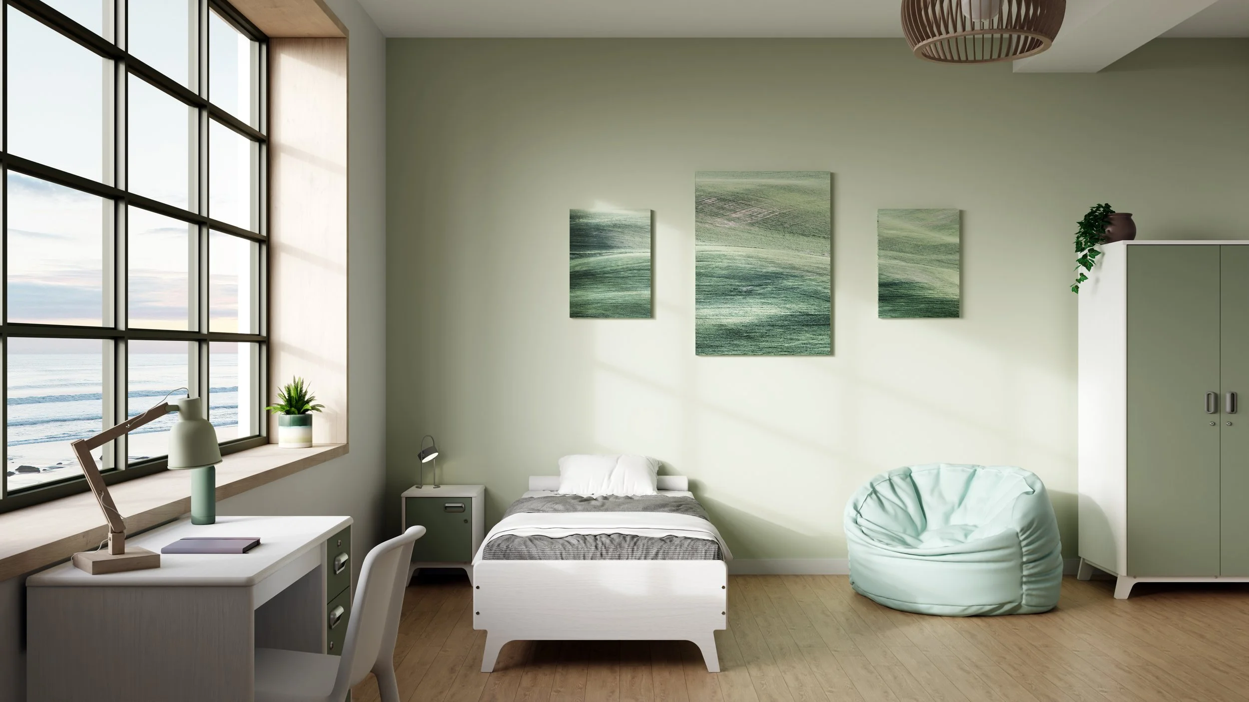 Chambre lumineuse avec grande fenêtre donnant sur la mer, lit simple avec linge gris, bureau blanc avec lampe et carnet, fauteuil poire mint, armoire vert pâle, décorations vertes, sol en bois.