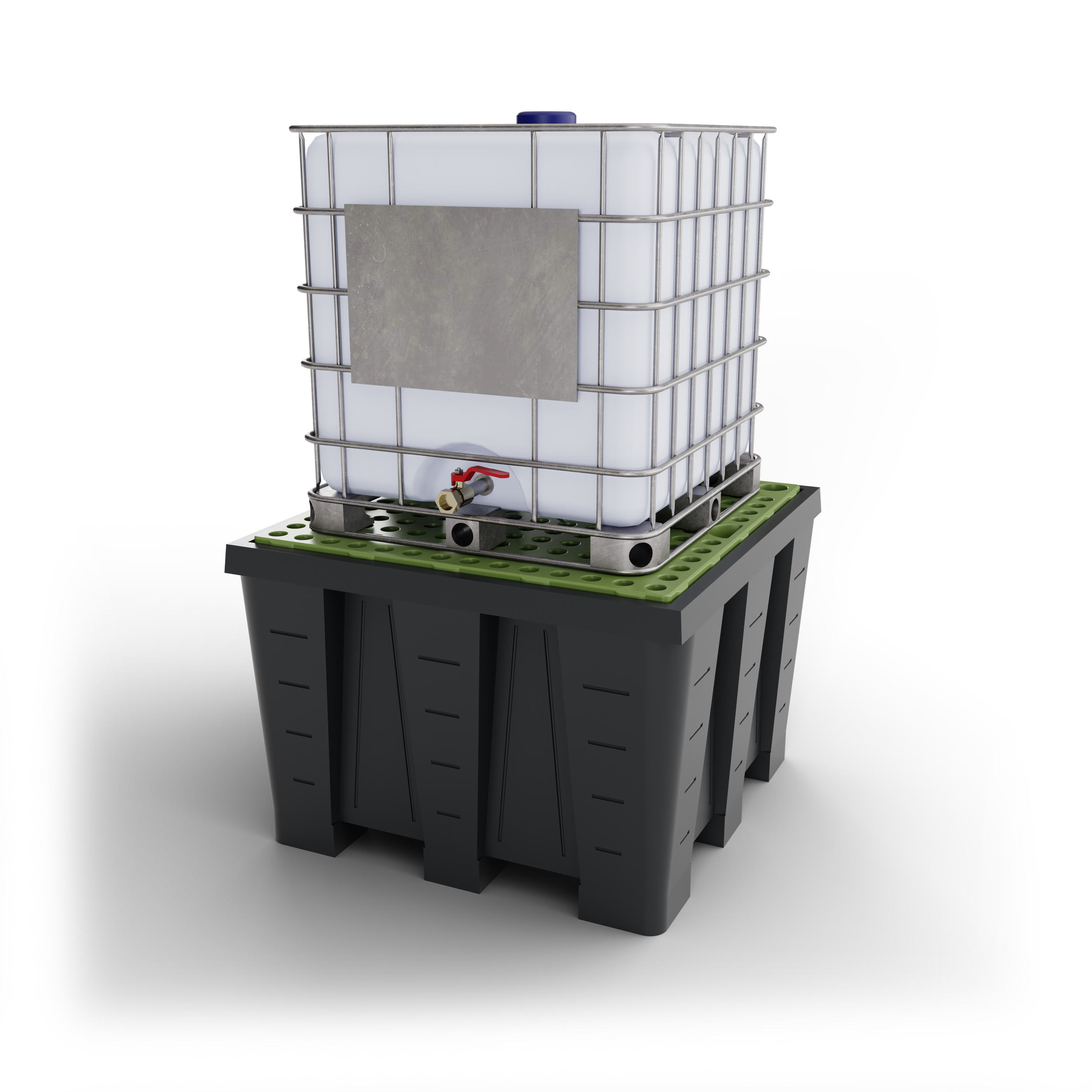 Une grande cuve blanche en plastique contenue dans une cage métallique, posée sur une plateforme en plastique gris,Packshot 3D, Visuel 3D, CGI , E- commerce Haut de france, St-Omer, Lille, Paris, Cote d'Opale, Dunkerque, Arras