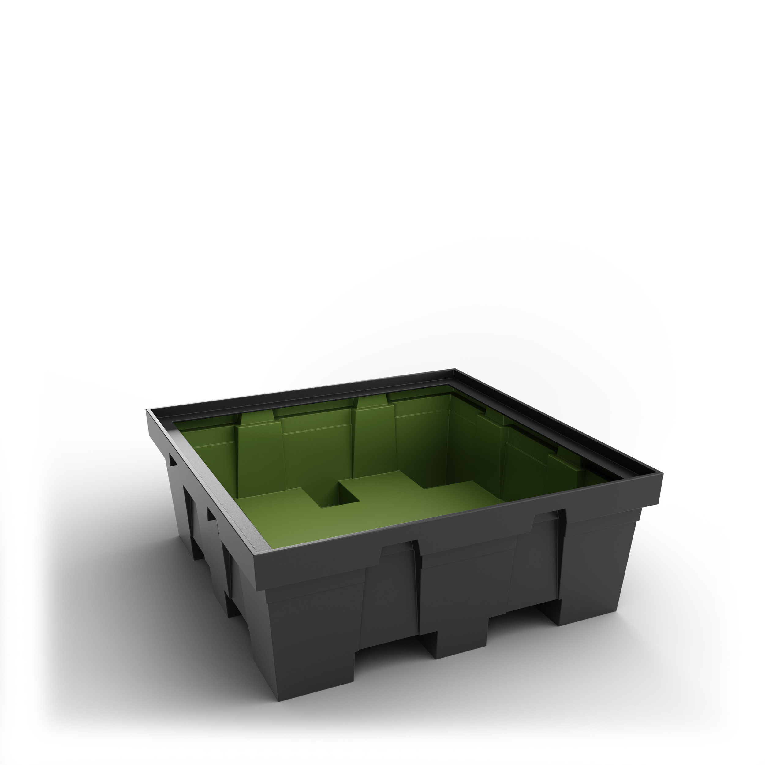 Un bac en plastique gris avec un intérieur vert, vu de dessus Packshot 3D, Visuel 3D, CGI , E- commerce Haut de france, St-Omer, Lille, Paris, Cote d'Opale, Dunkerque, Arras