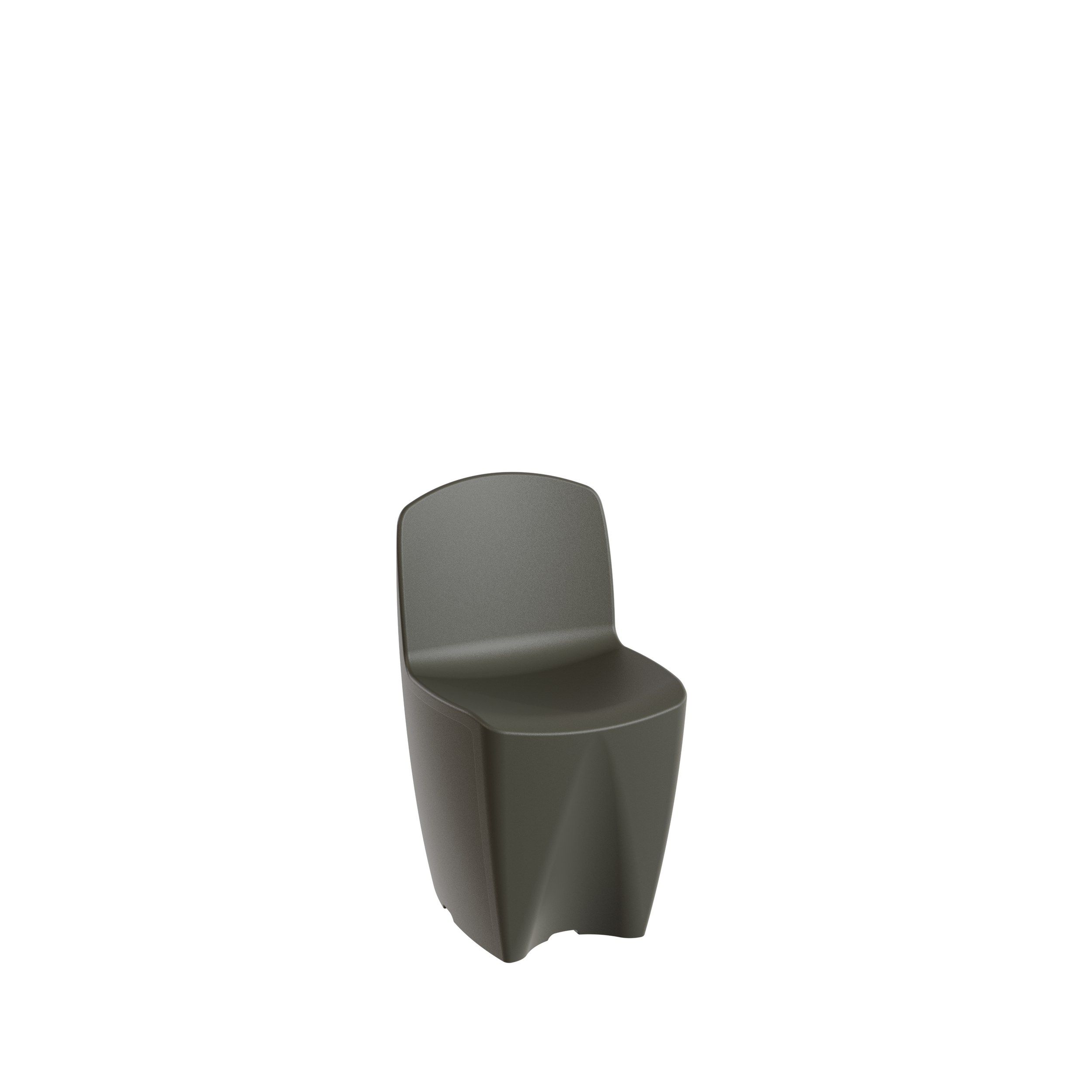 Une chaise moderne de couleur gris foncé, à dossier incurvé, sur un fond noir.