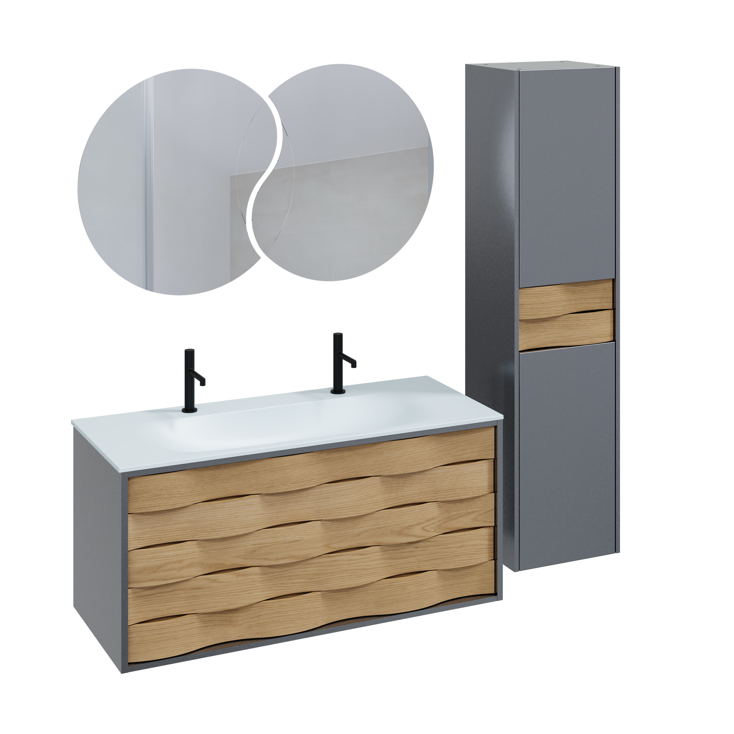 Un meuble de salle de bain moderne avec un miroir, un double lavabo, et un meuble avec tiroirs en bois.
