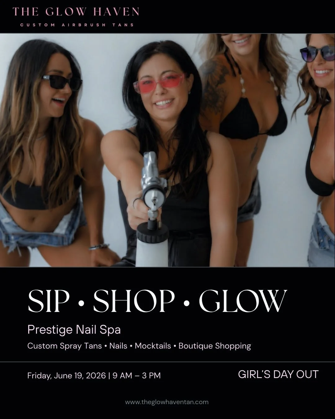 SIP &bull; SHOP &bull; GLOW ❤️&zwj;🔥

Grab your girls and join us for a fun day at Prestige Nail Spa! 

🪩 Custom Airbrush Spray Tans by The Glow Haven&trade;
🍸Complimentary Arbonne Mocktails &amp; Raffle
💅🏽Nails &amp; Self-Care at Prestige Nail 
