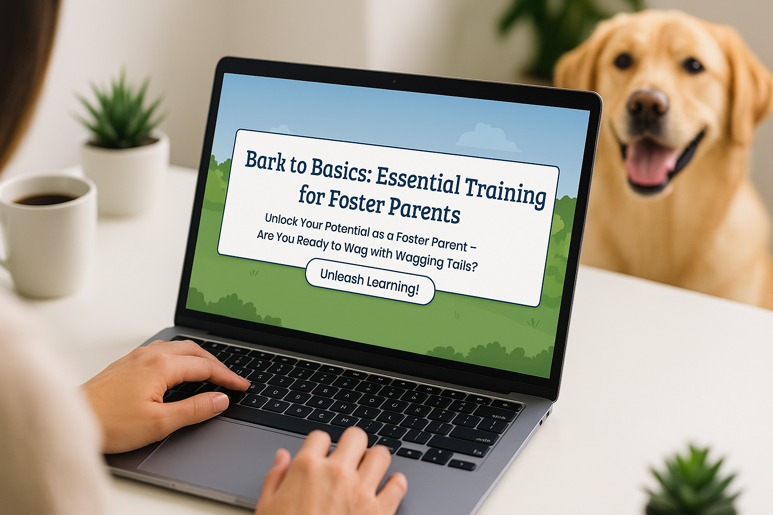 'Bark to Basics: Essential Training for Foster Parents,' elearning course on laptop with dog in background.