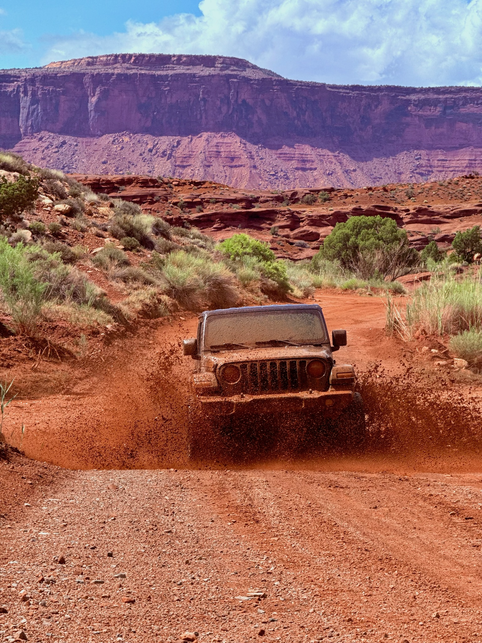 Un'auto da fuoristrada che percorre una strada sterrata in un deserto roccioso con montagne sullo sfondo
