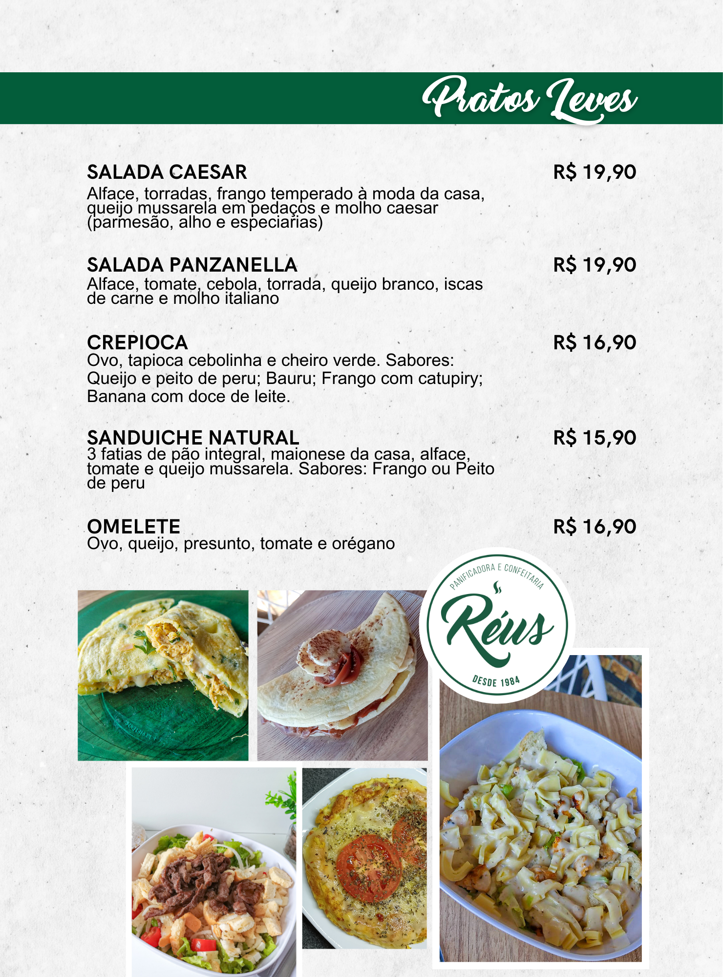Cardápio de pratos leves com lista de opções e preços, incluindo salada Caesar, salada Panzanella, crepioca, sanduíche natural e omelete, com imagens de alguns pratos na parte inferior.