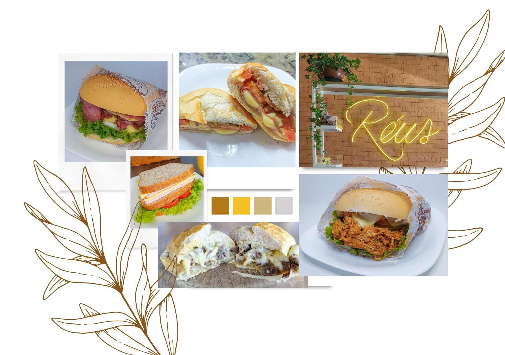 Colagem de várias fotos de sanduíches, um de pão de hambúrguer, outro de pão de forma com frios, queijo e tomate, outro de frango, e um de carne com queijo, além de uma placa de neon com a palavra 'Reus' e uma parede de tijolos com plantas.