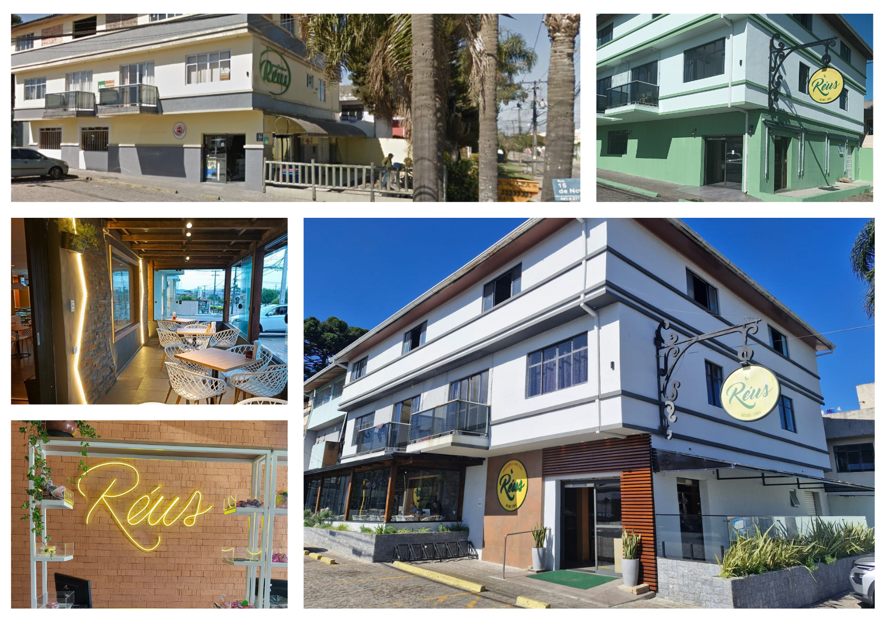 Conjunto de fotos de um edifício comercial chamado Réus, incluindo fachada, interior de um restaurante, letreiro de neon, e detalhes do entorno.
