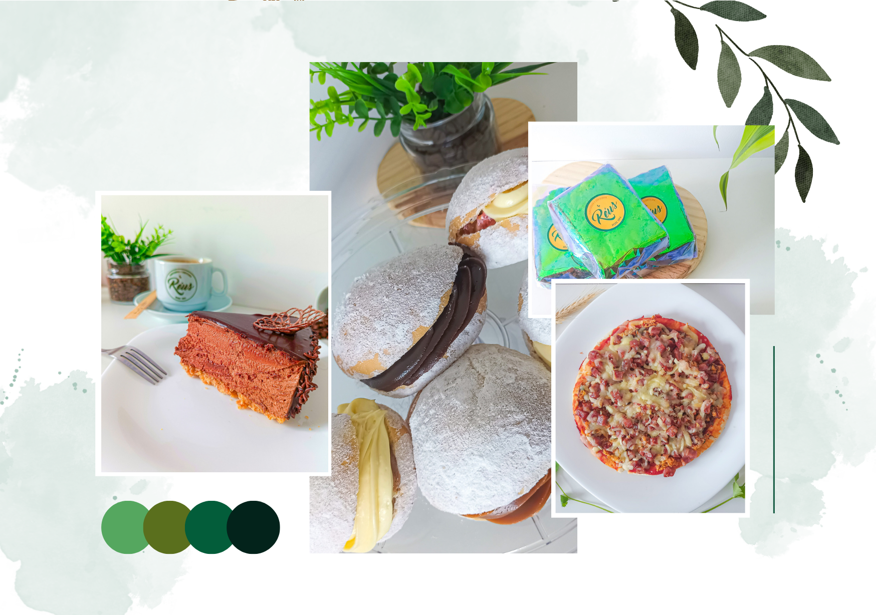 Coleção de doces e café com decoração verde, incluindo fatia de bolo de chocolate com cobertura brilhante, pão de mel com açúcar de confeiteiro, biscoitos embalados, pizza de queijo e bacon, e várias plantas decorativas.
