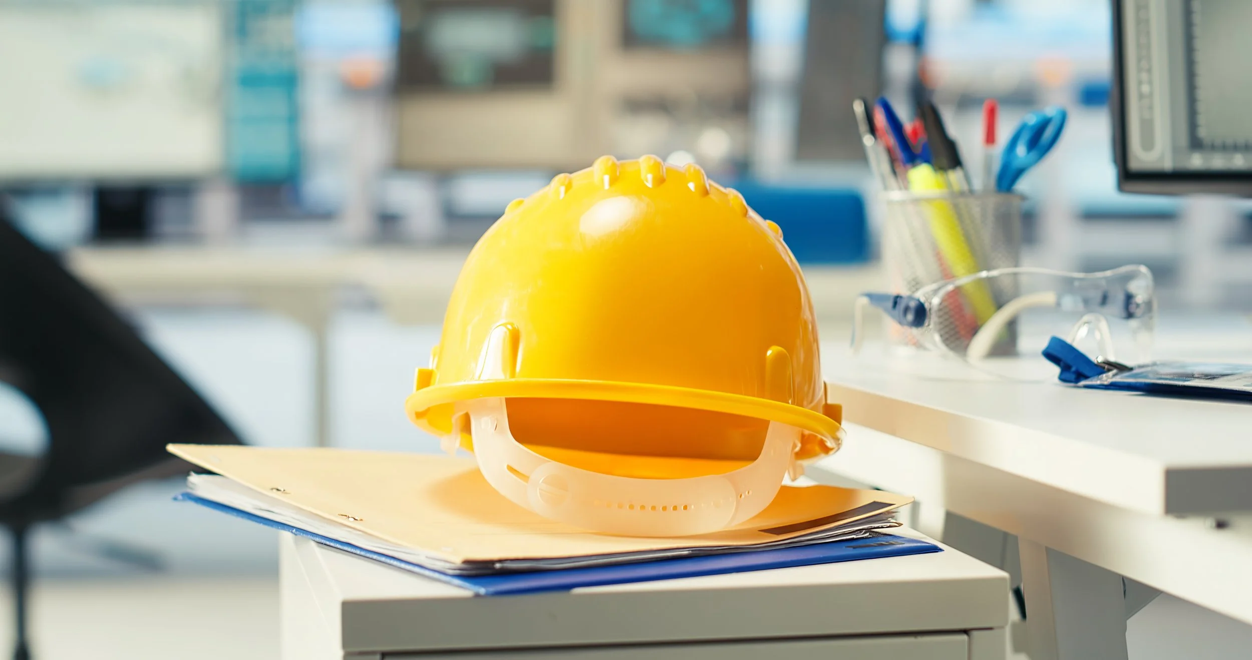 yellow hard hat resting on file folders in an office