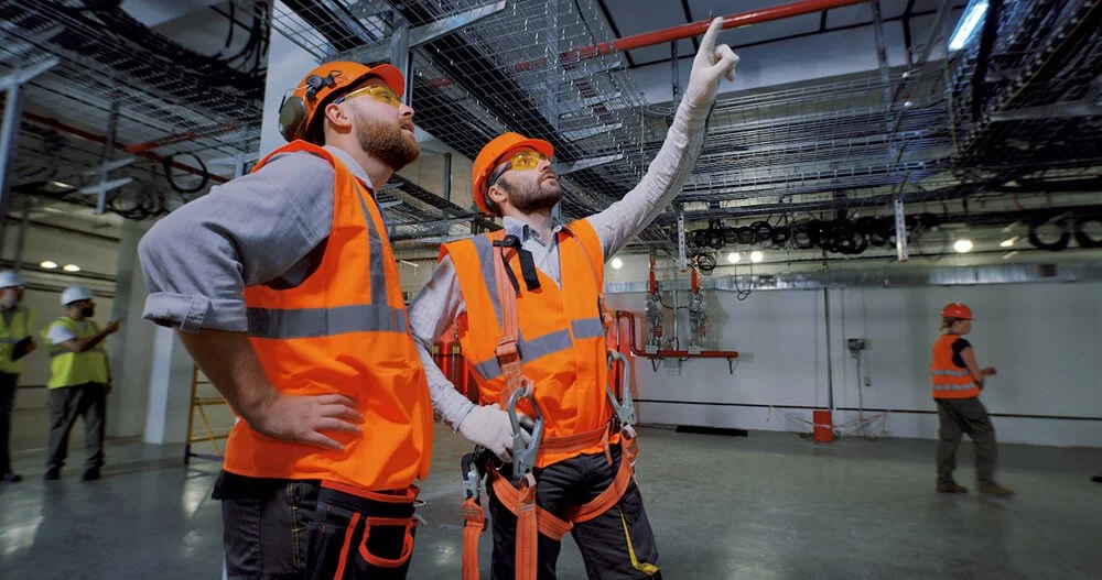 Two construction workers wearing orange safety vests, helmets, and harnesses inspecting electrical wiring in a large industrial space. Multiple workers are in the background.
