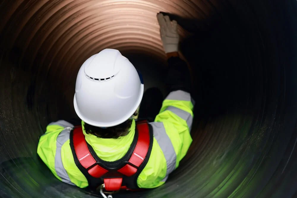 A worker in a yellow high-visibility jacket and white helmet inspecting inside a large, cylindrical metal pipe.