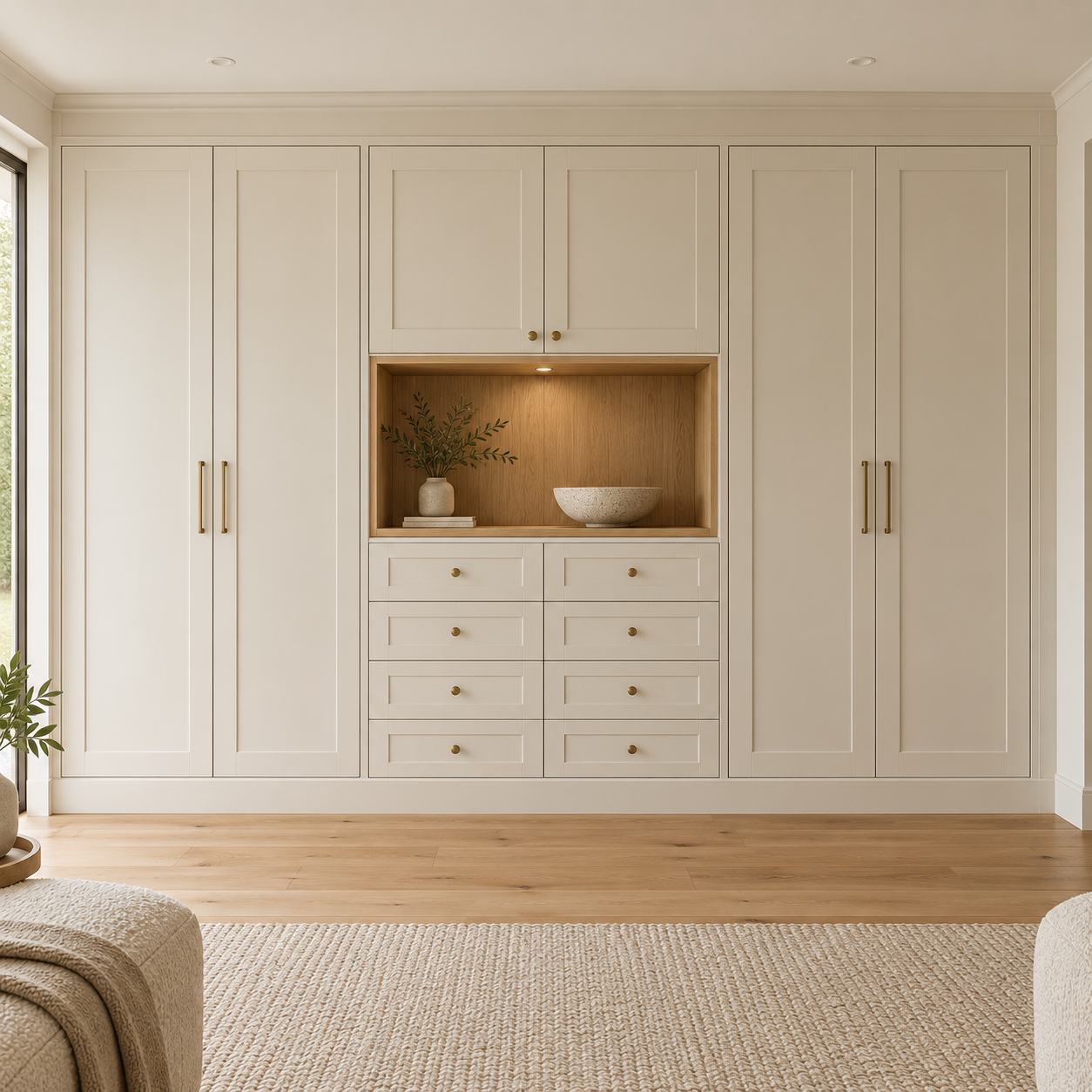 Built-in white cabinetry with gold handles, featuring a display shelf with a vase and bowl, in a bright room with wooden floors and a beige rug.